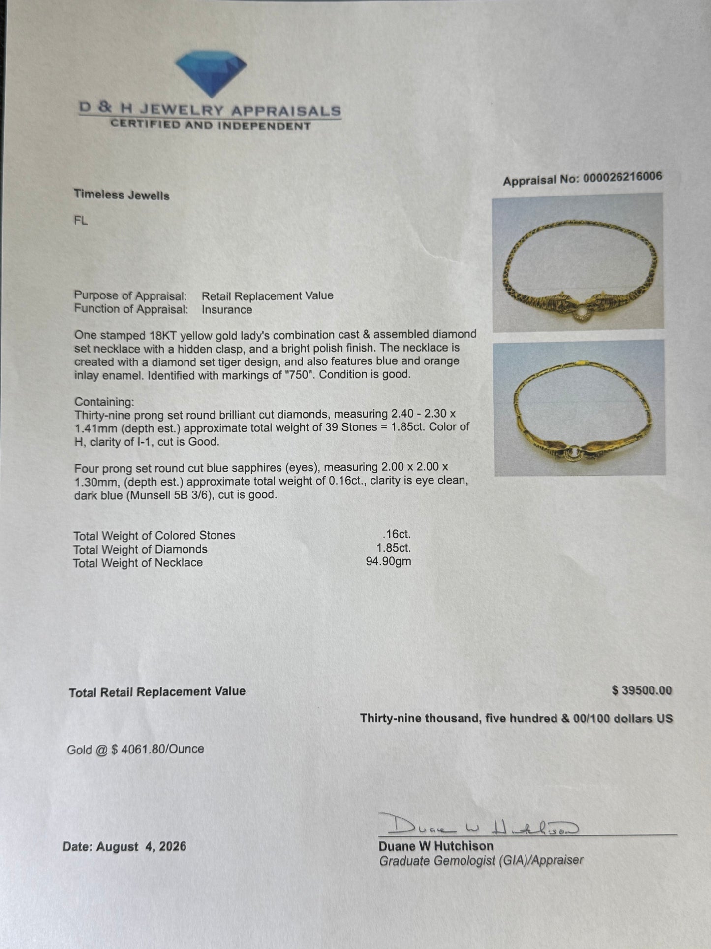 1.85 CT Natural Diamond 18K Yellow Gold Enamel Double Tiger Necklace (94.90 Grams) | 17 Inches