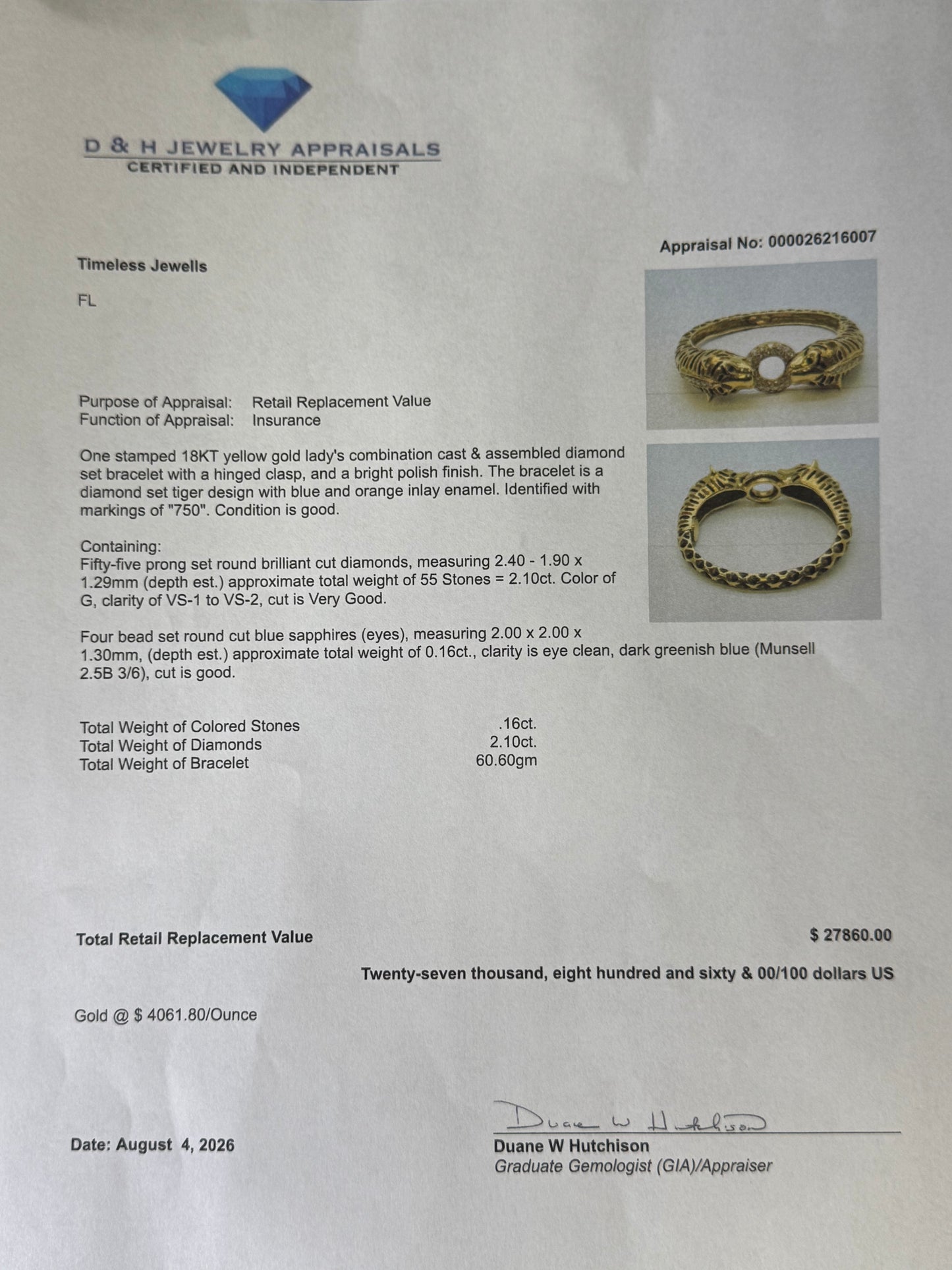 2.10 CT Natural Diamond 18K Yellow Gold Enamel Double Tiger Bangle Bracelet (60.60 Grams | 6.25")