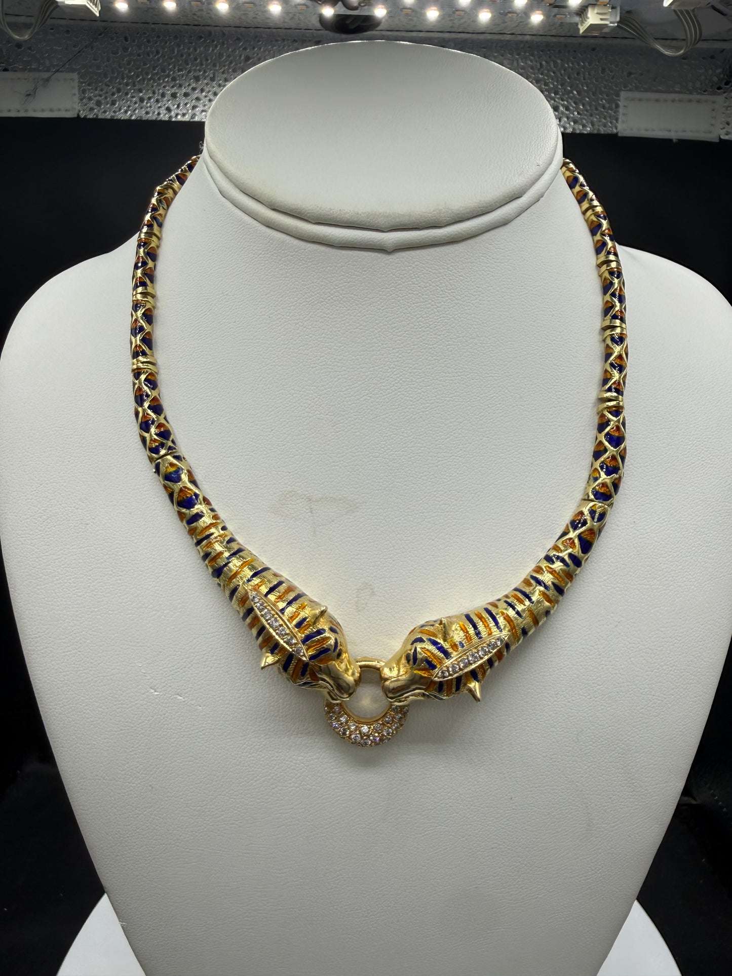 1.85 CT Natural Diamond 18K Yellow Gold Enamel Double Tiger Necklace (94.90 Grams) | 17 Inches
