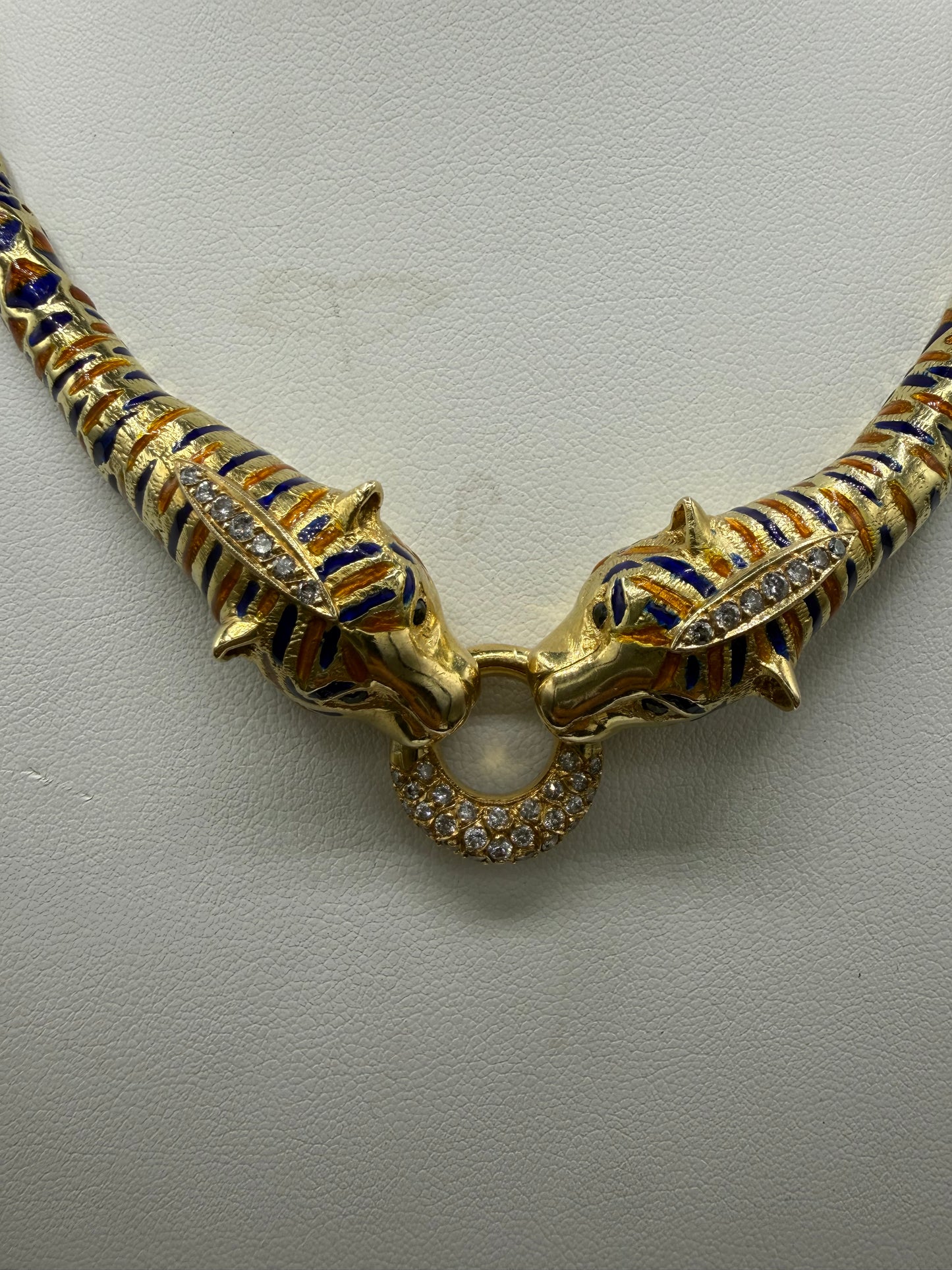 1.85 CT Natural Diamond 18K Yellow Gold Enamel Double Tiger Necklace (94.90 Grams) | 17 Inches