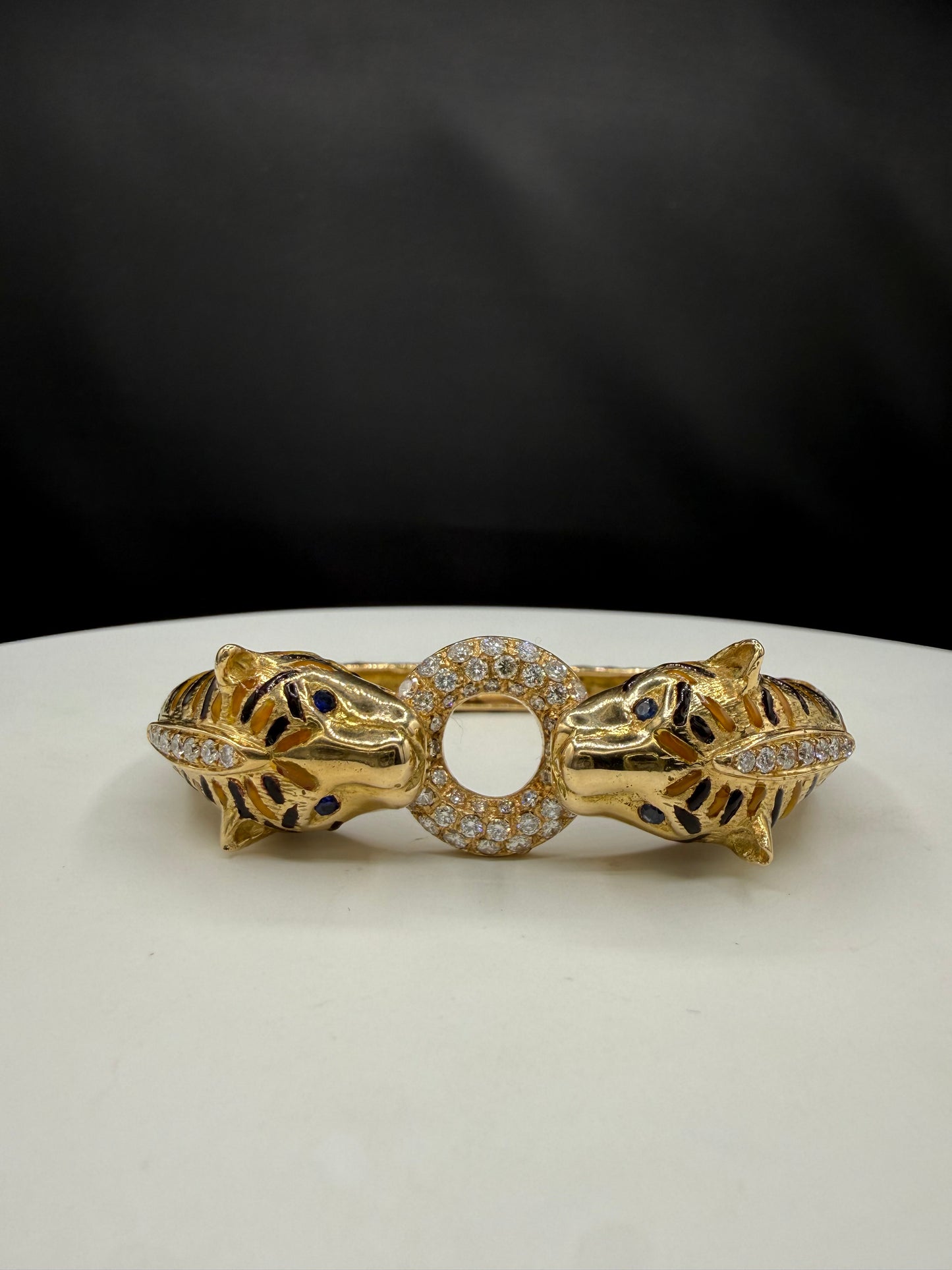 2.10 CT Natural Diamond 18K Yellow Gold Enamel Double Tiger Bangle Bracelet (60.60 Grams | 6.25")