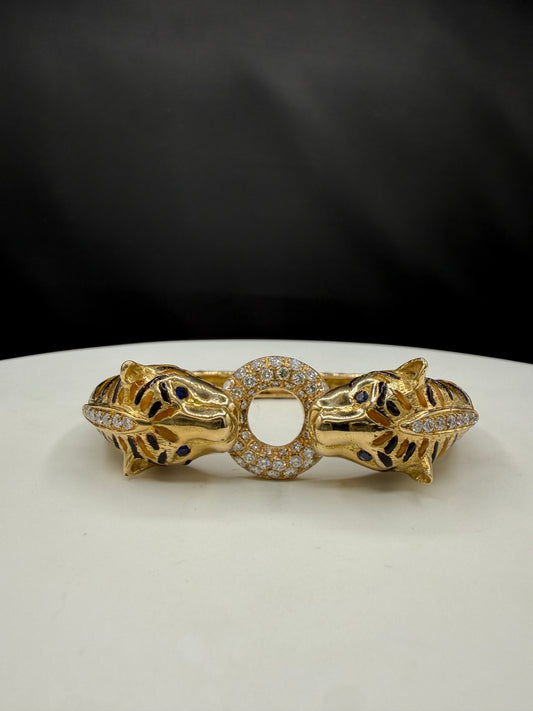 2.10 CT Natural Diamond 18K Yellow Gold Enamel Double Tiger Bangle Bracelet (60.60 Grams | 6.25")