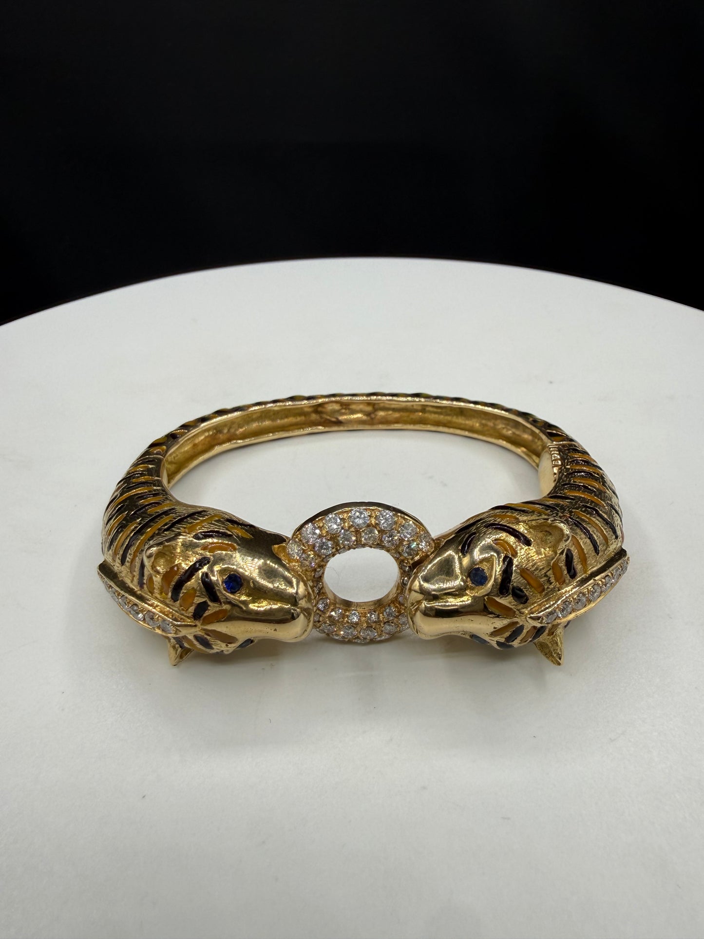 2.10 CT Natural Diamond 18K Yellow Gold Enamel Double Tiger Bangle Bracelet (60.60 Grams | 6.25")