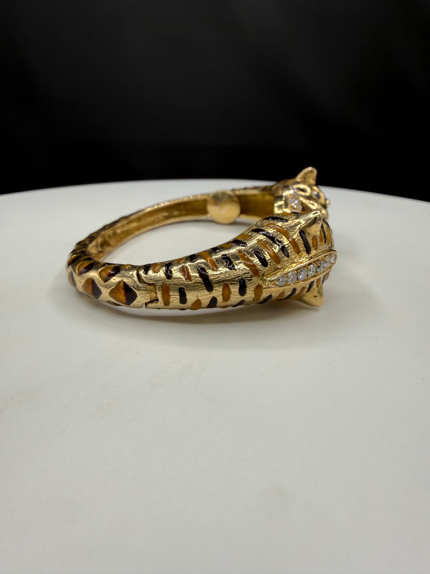 2.10 CT Natural Diamond 18K Yellow Gold Enamel Double Tiger Bangle Bracelet (60.60 Grams | 6.25")