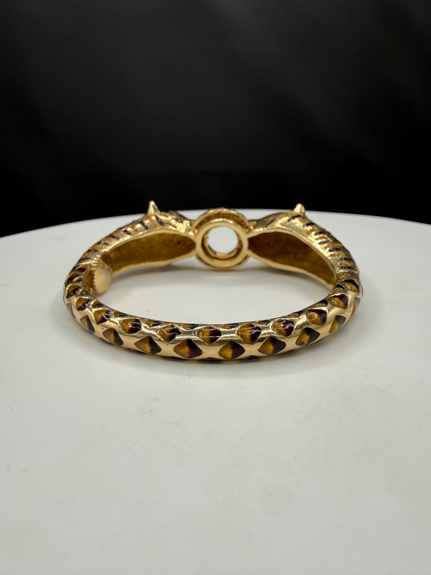 2.10 CT Natural Diamond 18K Yellow Gold Enamel Double Tiger Bangle Bracelet (60.60 Grams | 6.25")
