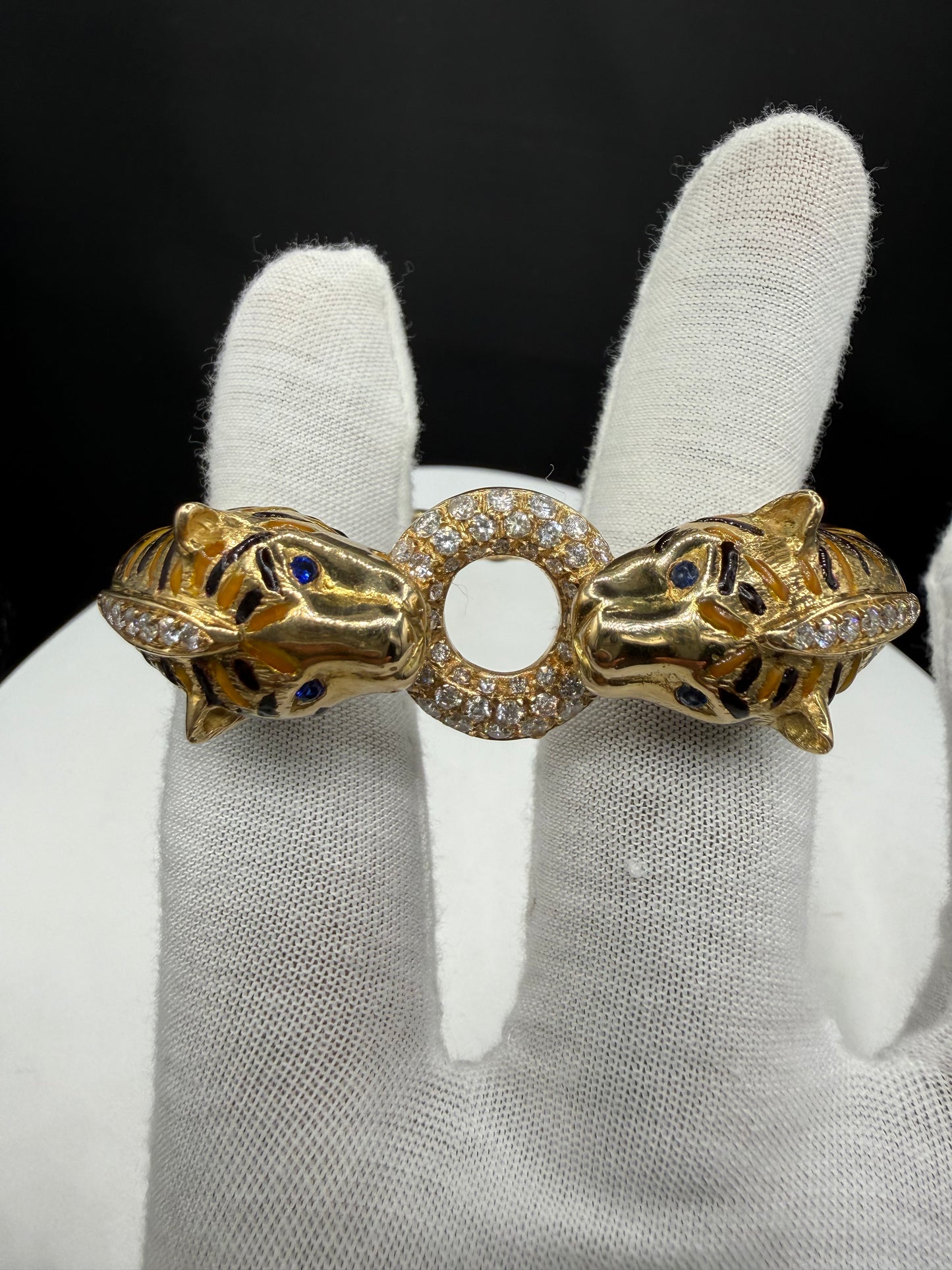 2.10 CT Natural Diamond 18K Yellow Gold Enamel Double Tiger Bangle Bracelet (60.60 Grams | 6.25")
