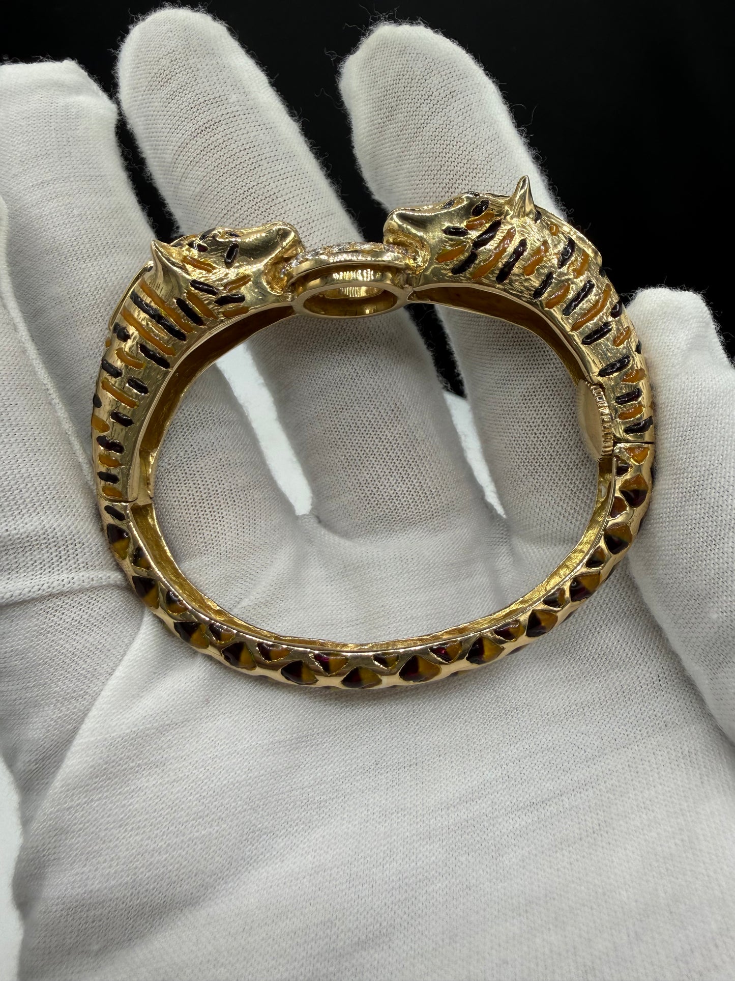 2.10 CT Natural Diamond 18K Yellow Gold Enamel Double Tiger Bangle Bracelet (60.60 Grams | 6.25")