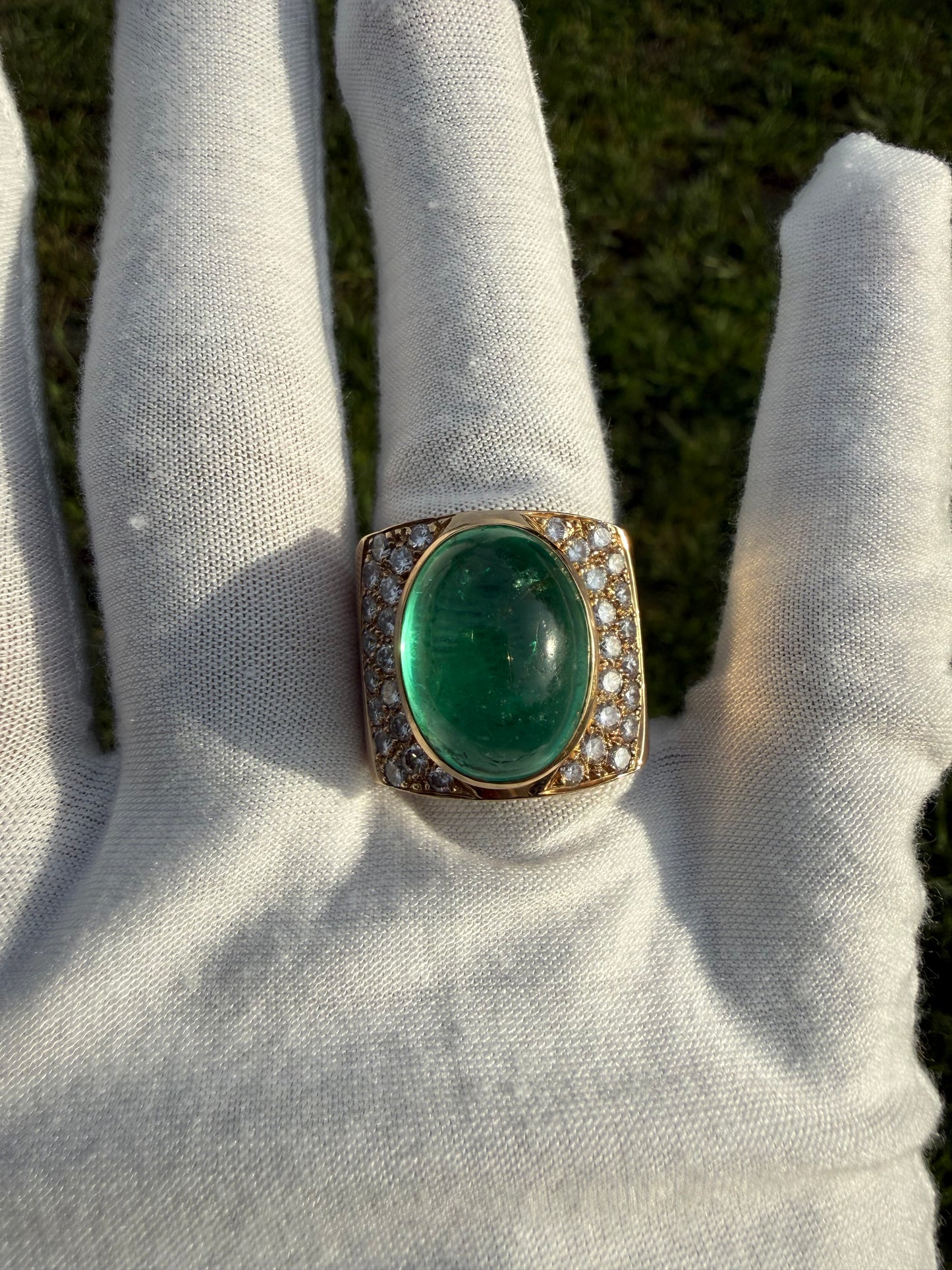 Massive 24.73 Ct Natural Colombian Emerald Cabochon & 2.32 CTW Diamond 18k Yellow Gold Statement Ring | Size 10
