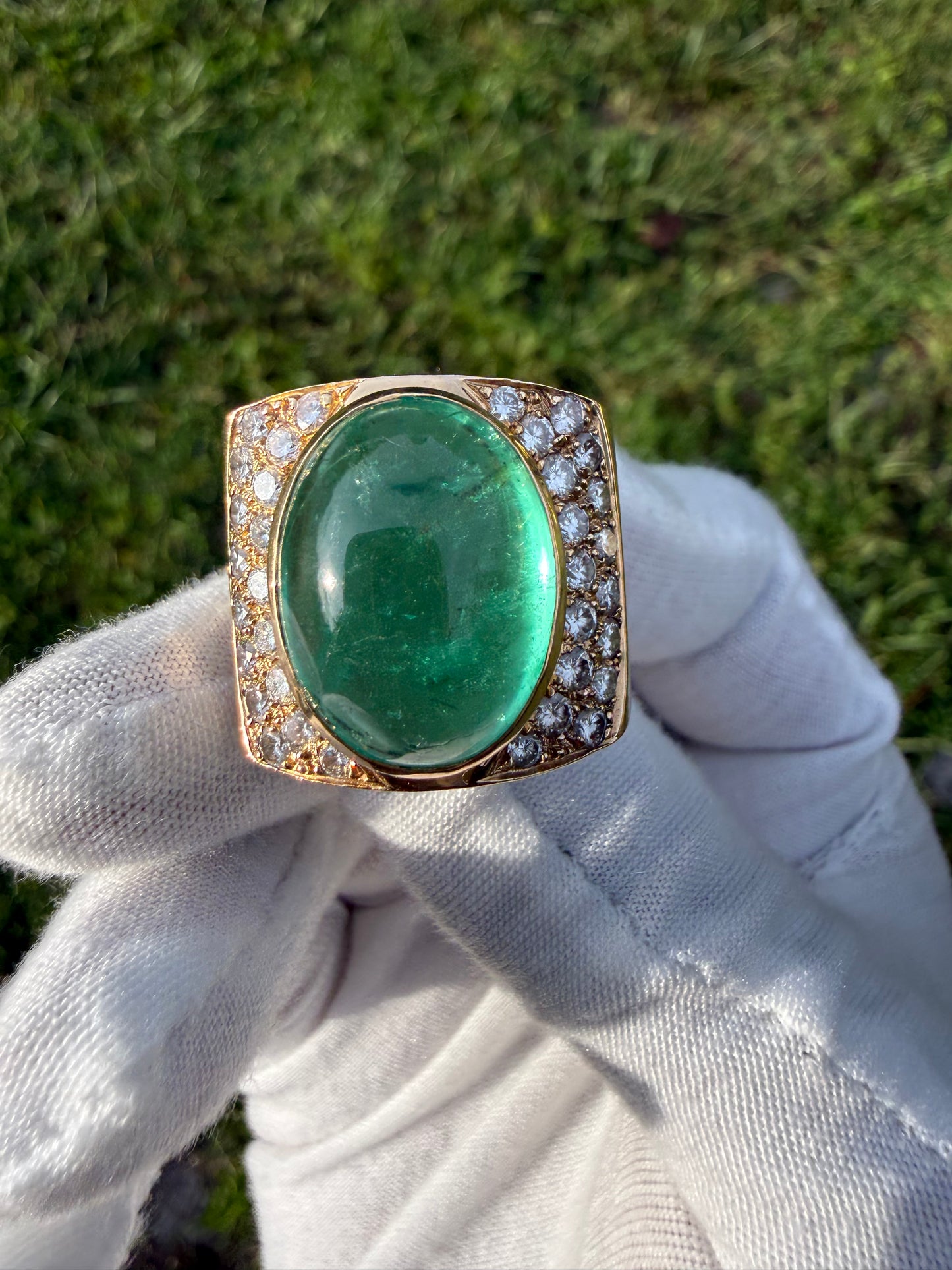 Massive 24.73 Ct Natural Colombian Emerald Cabochon & 2.32 CTW Diamond 18k Yellow Gold Statement Ring | Size 10