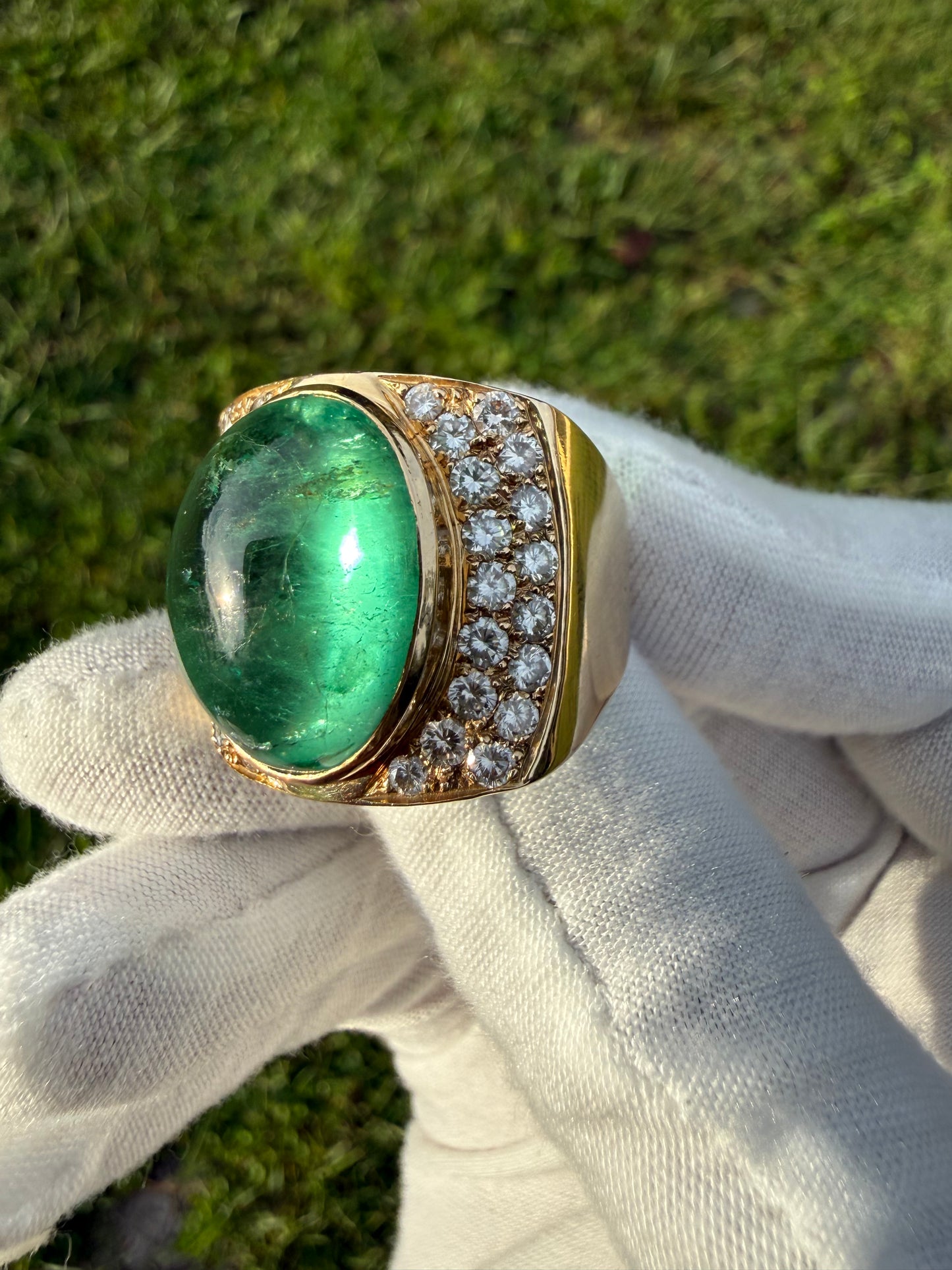 Massive 24.73 Ct Natural Colombian Emerald Cabochon & 2.32 CTW Diamond 18k Yellow Gold Statement Ring | Size 10
