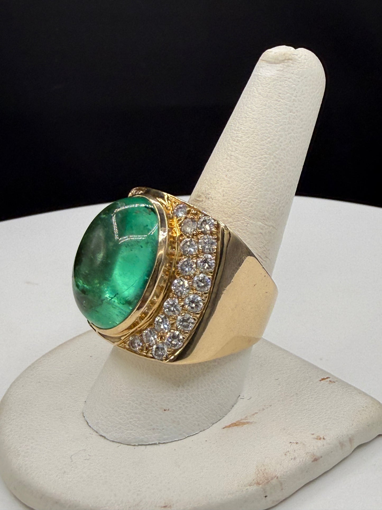 Massive 24.73 Ct Natural Colombian Emerald Cabochon & 2.32 CTW Diamond 18k Yellow Gold Statement Ring | Size 10