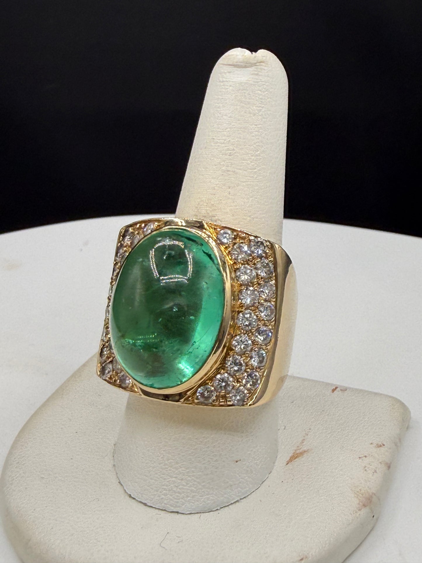 Massive 24.73 Ct Natural Colombian Emerald Cabochon & 2.32 CTW Diamond 18k Yellow Gold Statement Ring | Size 10