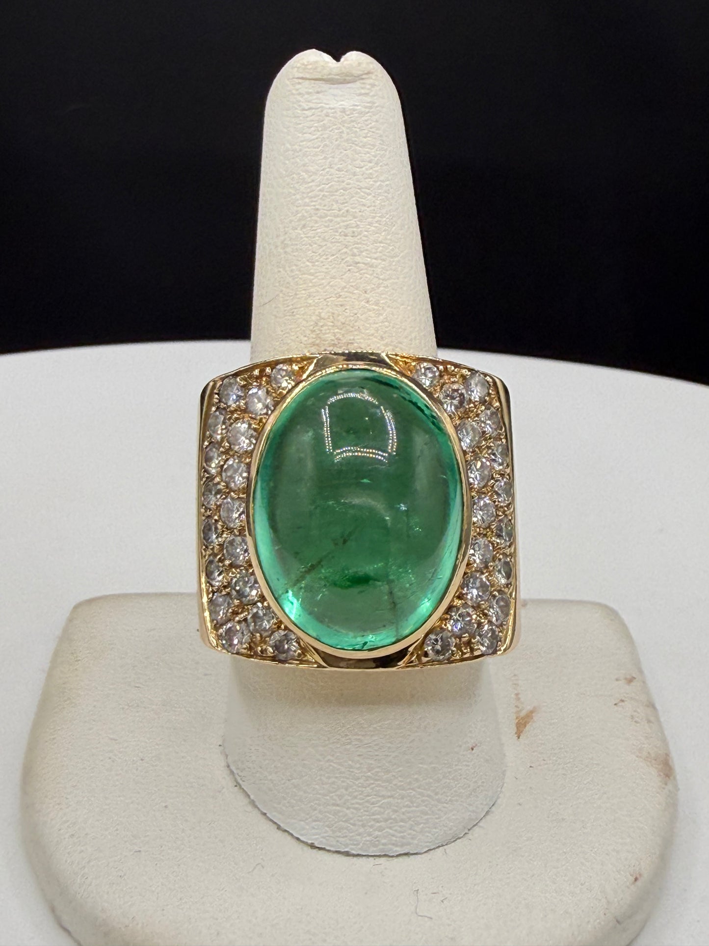 Massive 24.73 Ct Natural Colombian Emerald Cabochon & 2.32 CTW Diamond 18k Yellow Gold Statement Ring | Size 10