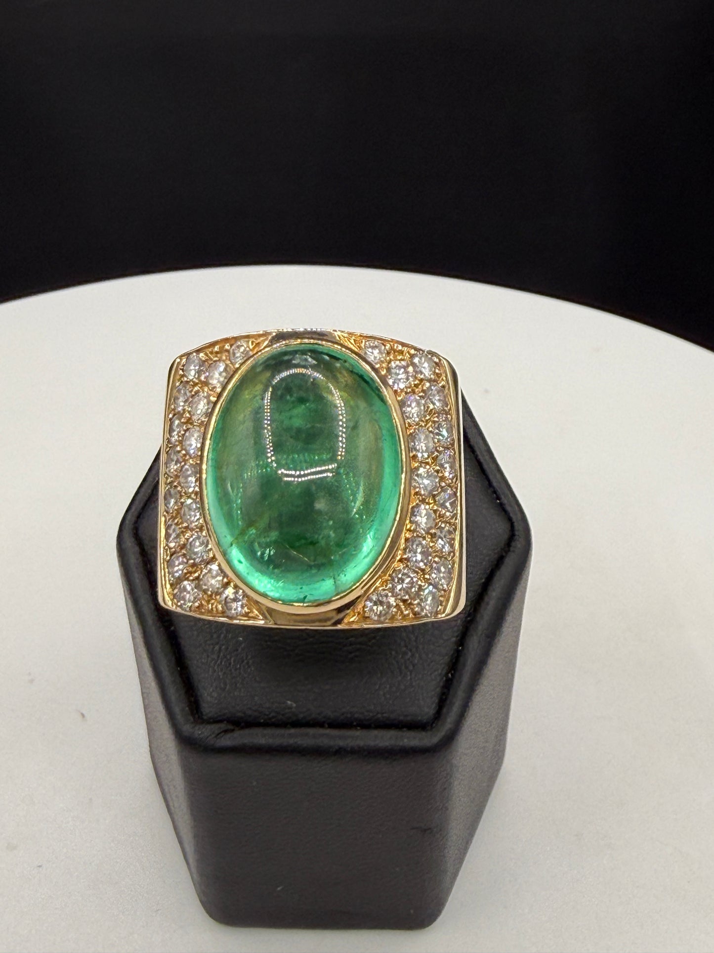 Massive 24.73 Ct Natural Colombian Emerald Cabochon & 2.32 CTW Diamond 18k Yellow Gold Statement Ring | Size 10