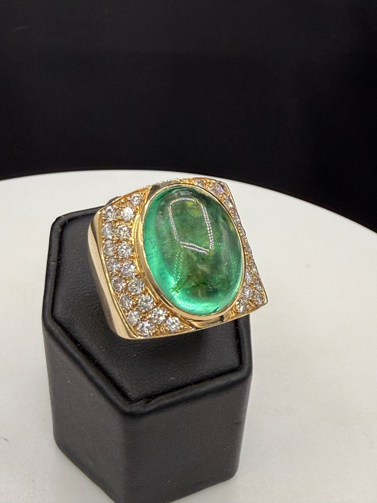 Massive 24.73 Ct Natural Colombian Emerald Cabochon & 2.32 CTW Diamond 18k Yellow Gold Statement Ring | Size 10