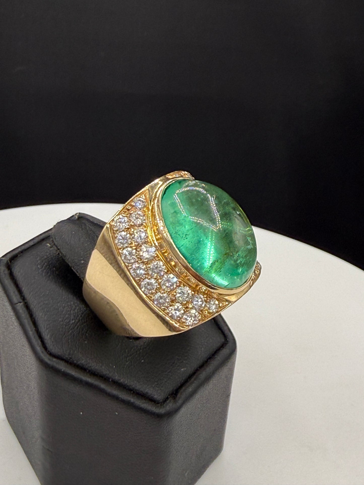 Massive 24.73 Ct Natural Colombian Emerald Cabochon & 2.32 CTW Diamond 18k Yellow Gold Statement Ring | Size 10