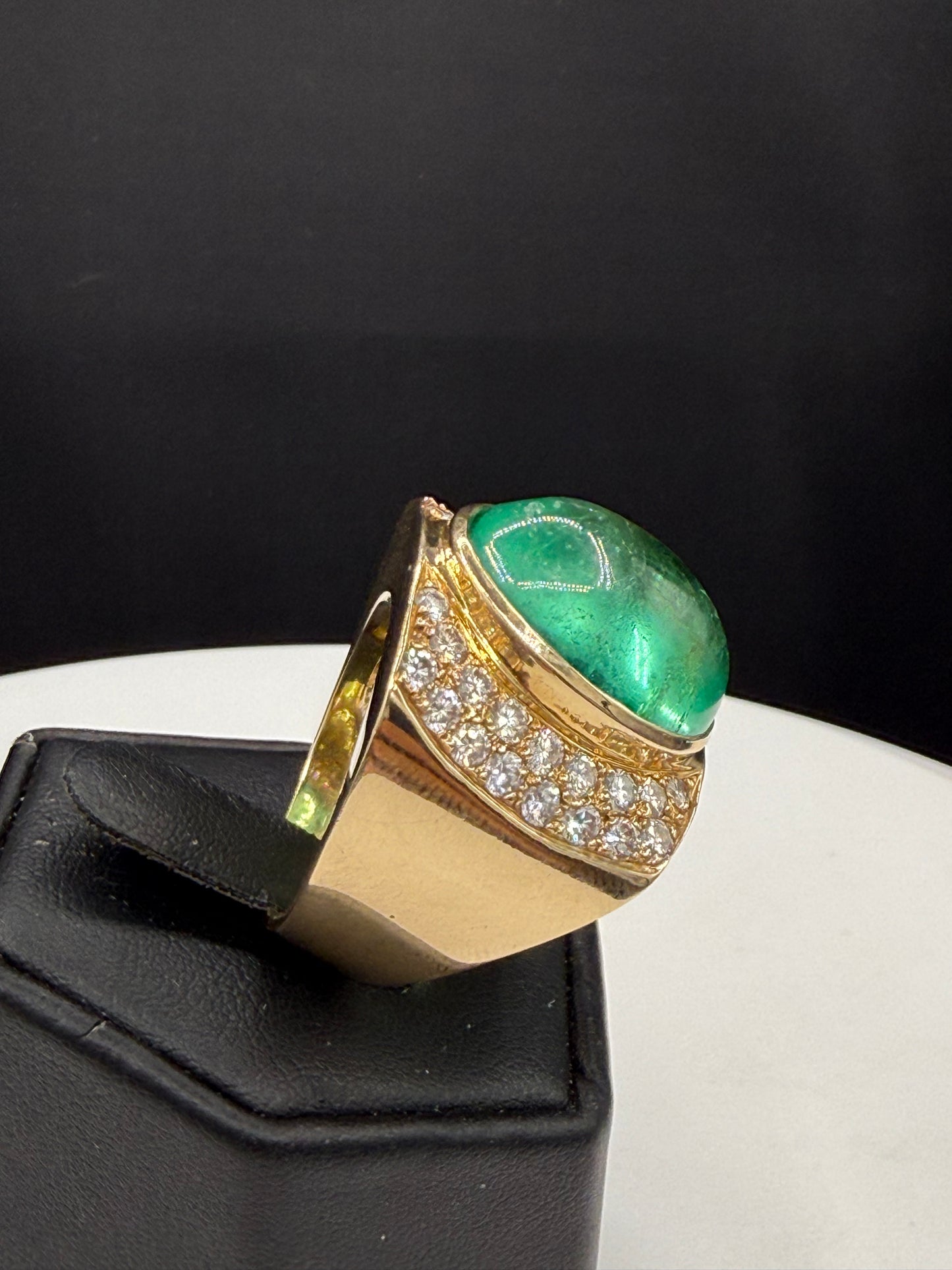 Massive 24.73 Ct Natural Colombian Emerald Cabochon & 2.32 CTW Diamond 18k Yellow Gold Statement Ring | Size 10