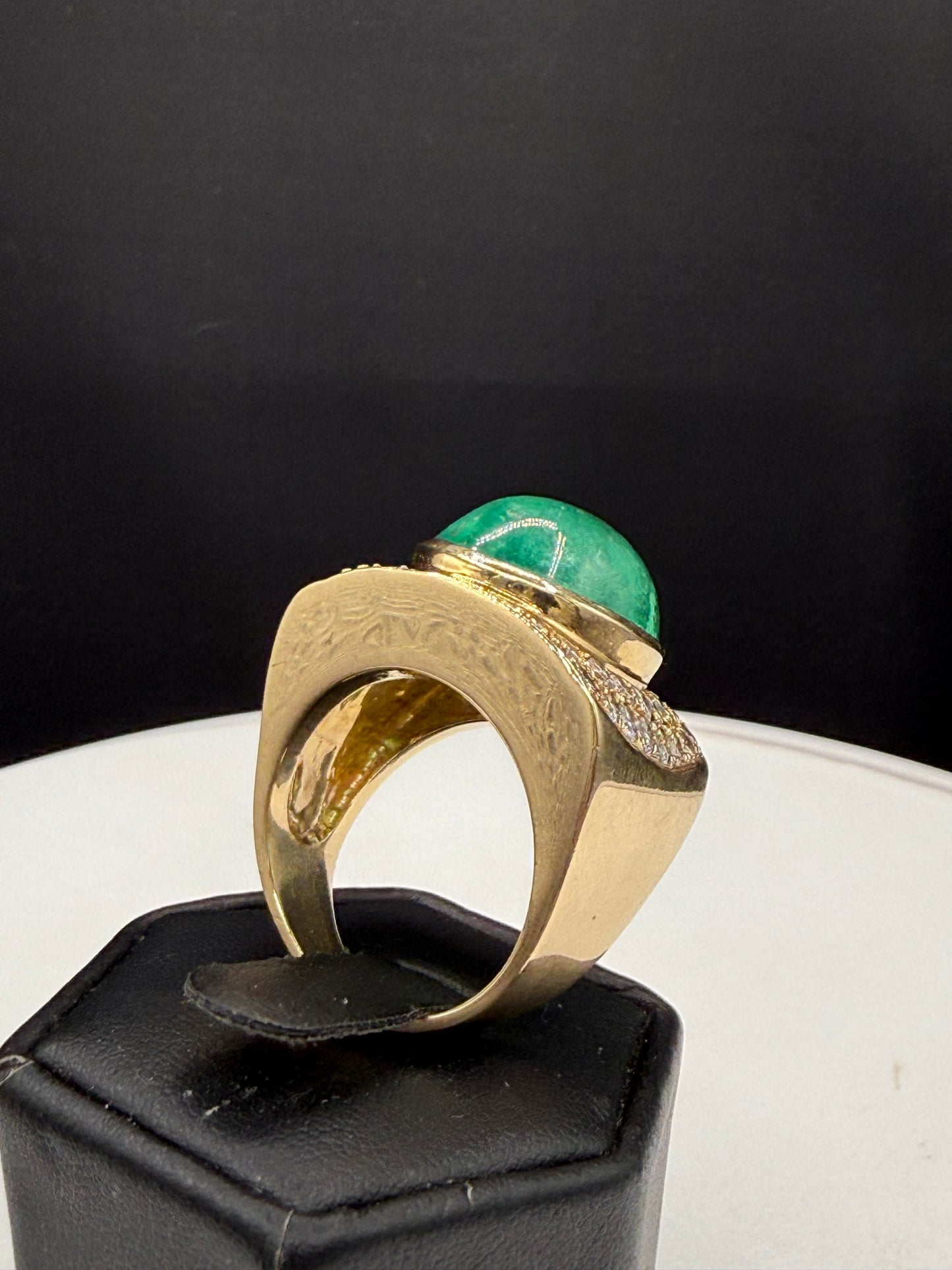 Massive 24.73 Ct Natural Colombian Emerald Cabochon & 2.32 CTW Diamond 18k Yellow Gold Statement Ring | Size 10
