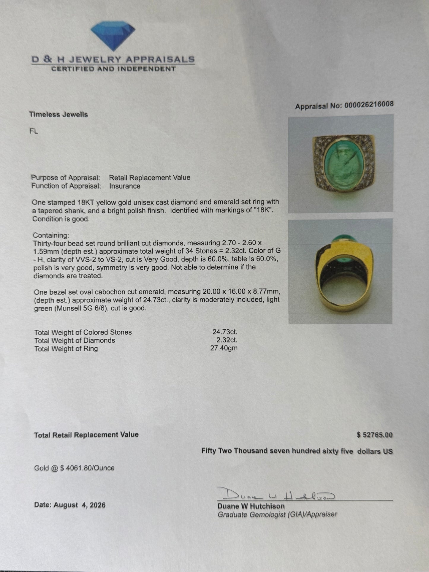 Massive 24.73 Ct Natural Colombian Emerald Cabochon & 2.32 CTW Diamond 18k Yellow Gold Statement Ring | Size 10