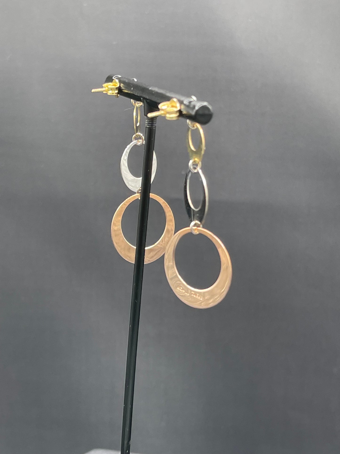 Solid 14k Three Tone Yellow + White + Rose Gold Dangle Earrings