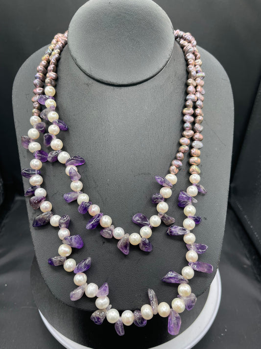 Natural Amethyst & Freshwater Pearl Double Strand Sterling Silver Beaded Necklace