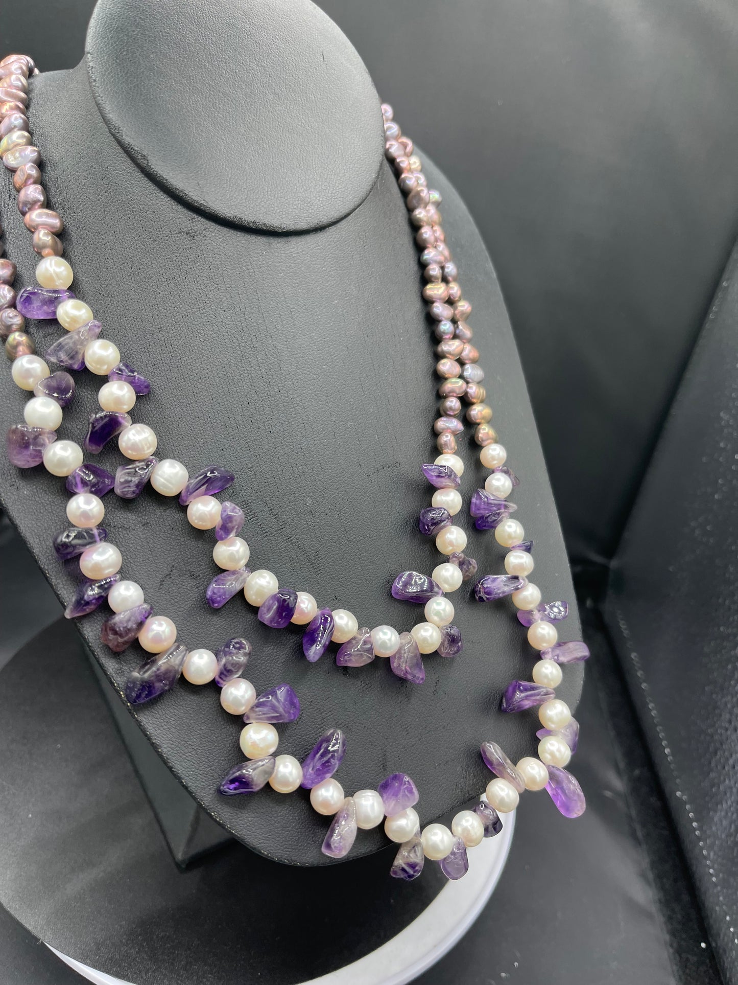 Natural Amethyst & Freshwater Pearl Double Strand Sterling Silver Beaded Necklace