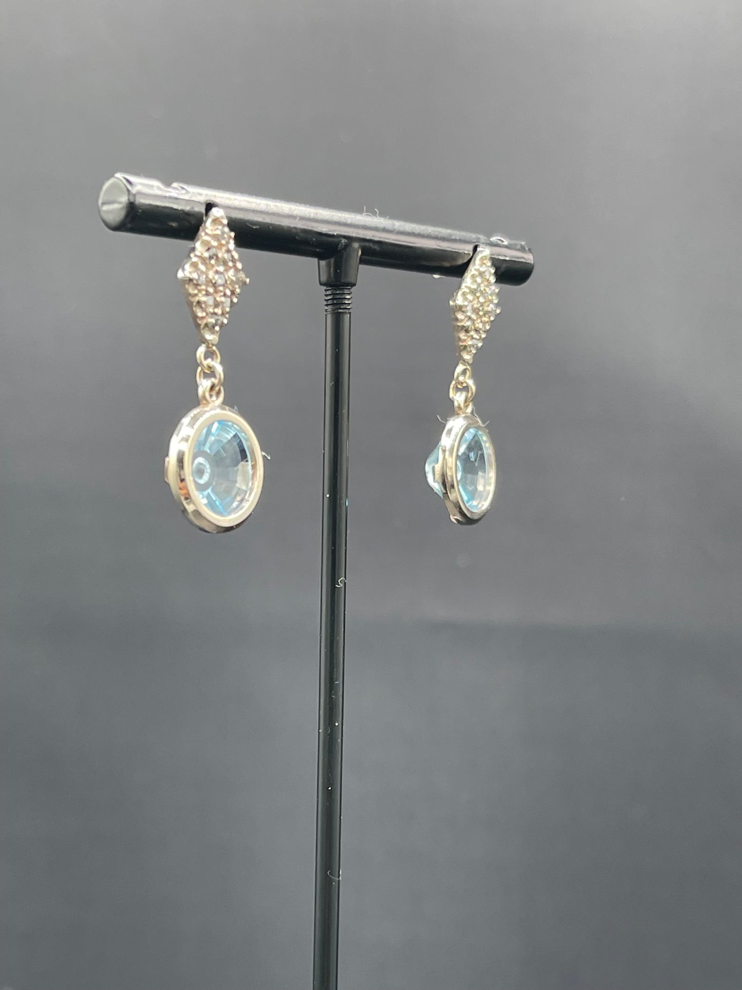 Custom Blue Topaz & Diamond 14k White Gold Dangle Earrings