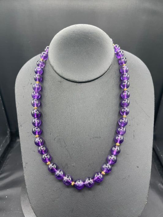 Fine 280 Carat Natural Amethyst & 18k Yellow Gold Beaded Necklace