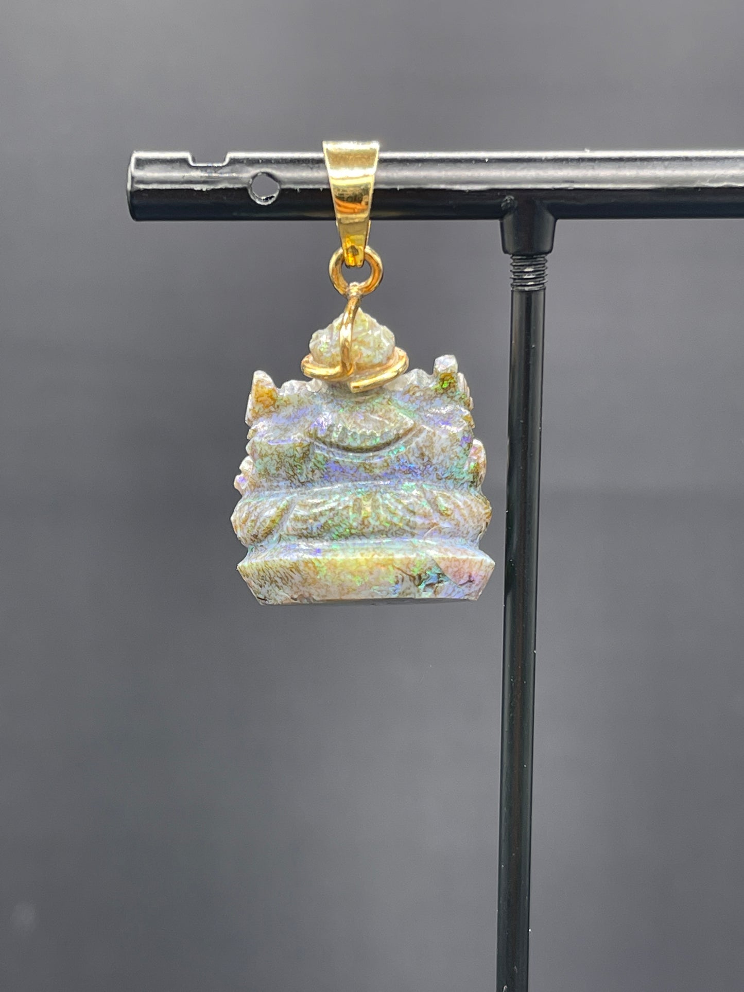 16.95 Carat Natural Black Opal Hand Carved Ganesh 24k Gold Pendant