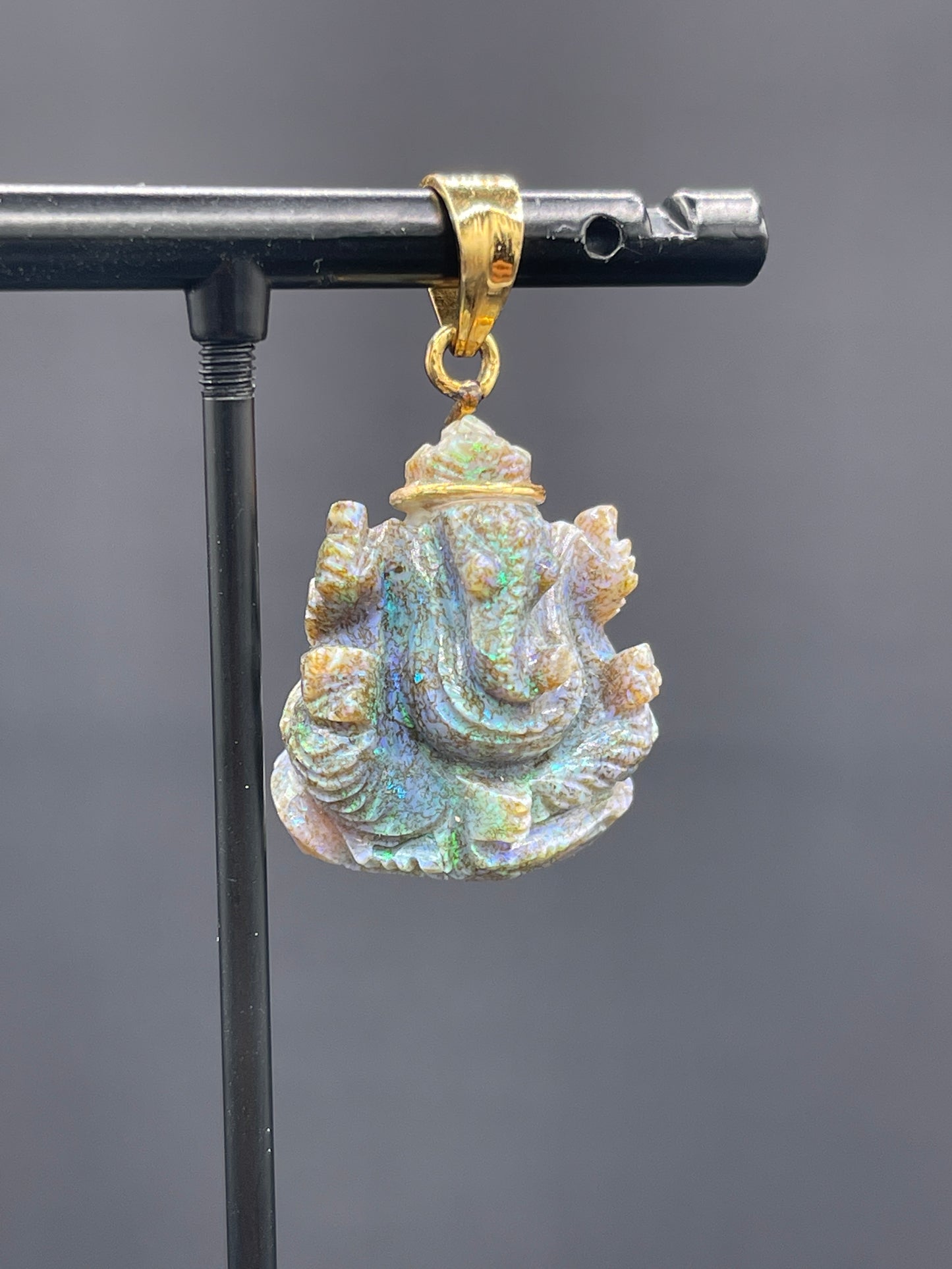 16.95 Carat Natural Black Opal Hand Carved Ganesh 24k Gold Pendant
