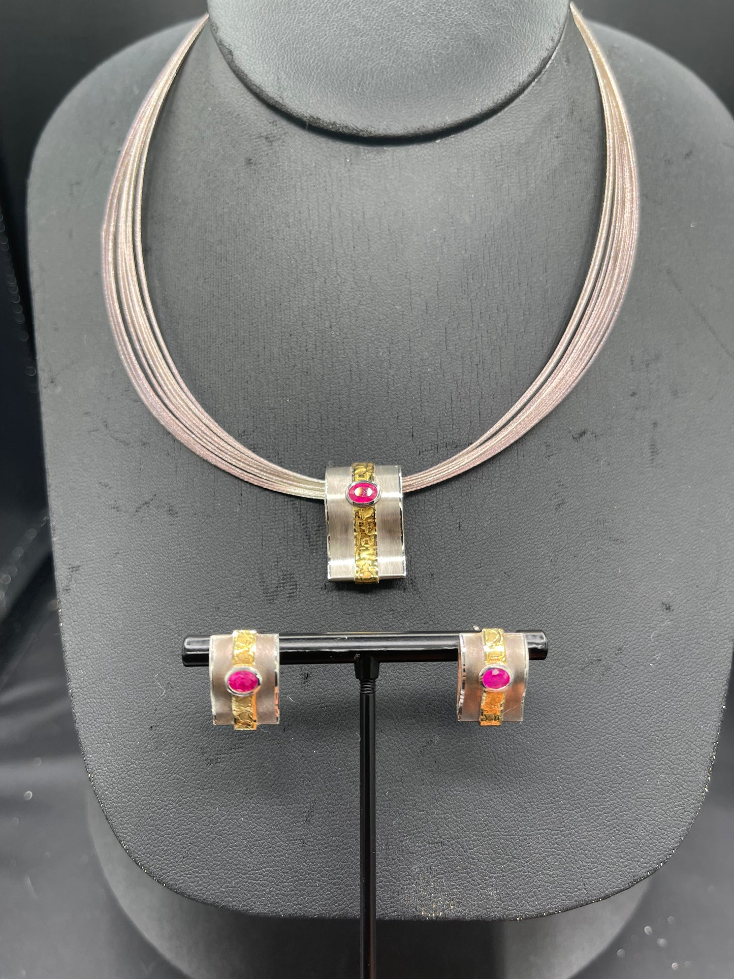 Natural Unheated Ruby Sterling Silver 18k Gold Necklace & Earring Set