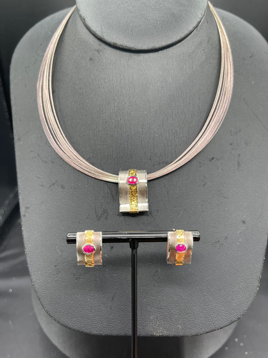 Natural Unheated Ruby Sterling Silver 18k Gold Necklace & Earring Set