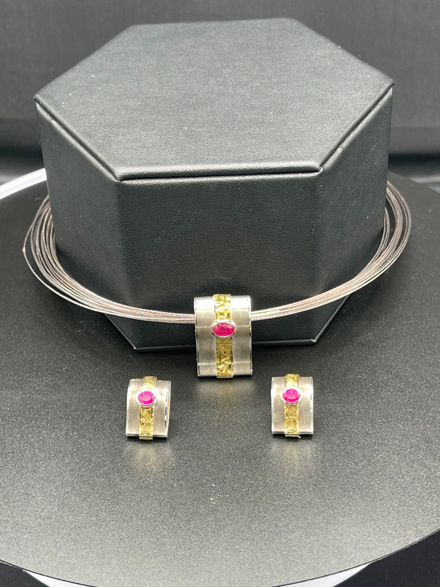 Natural Unheated Ruby Sterling Silver 18k Gold Necklace & Earring Set