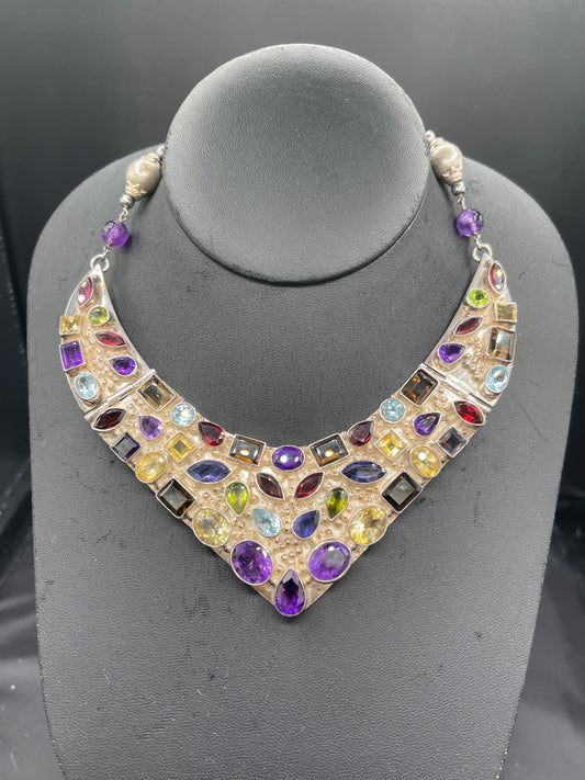 100 Carat Natural Semi Precious Sterling Silver Bib Necklace