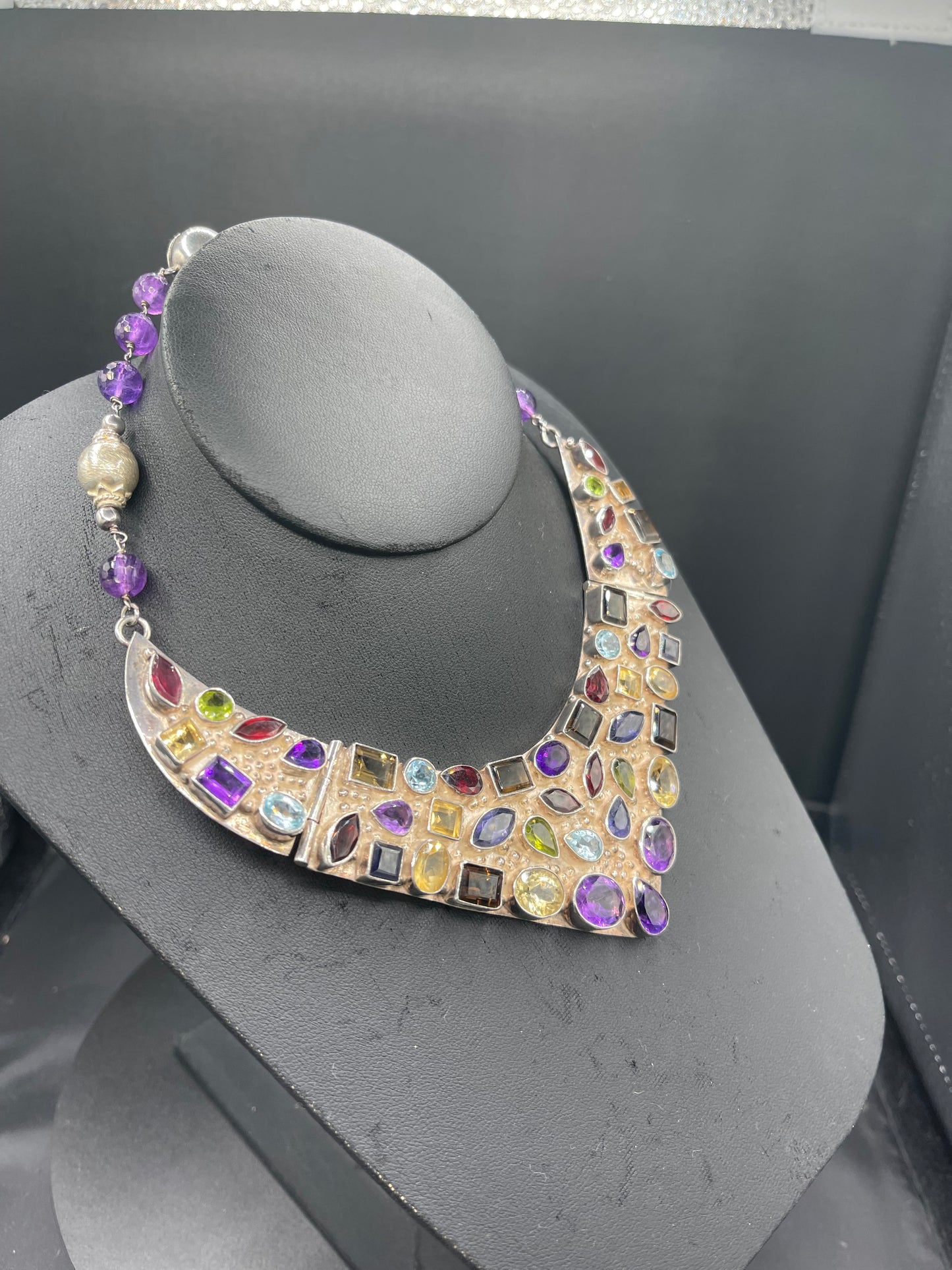 100 Carat Natural Semi Precious Sterling Silver Bib Necklace