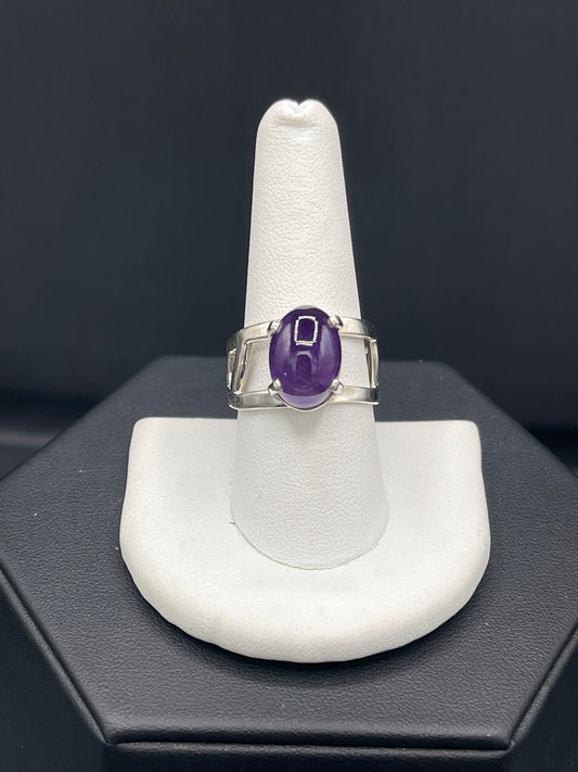 Natural Amethyst Cabochon Sterling Silver Adjustable Ring