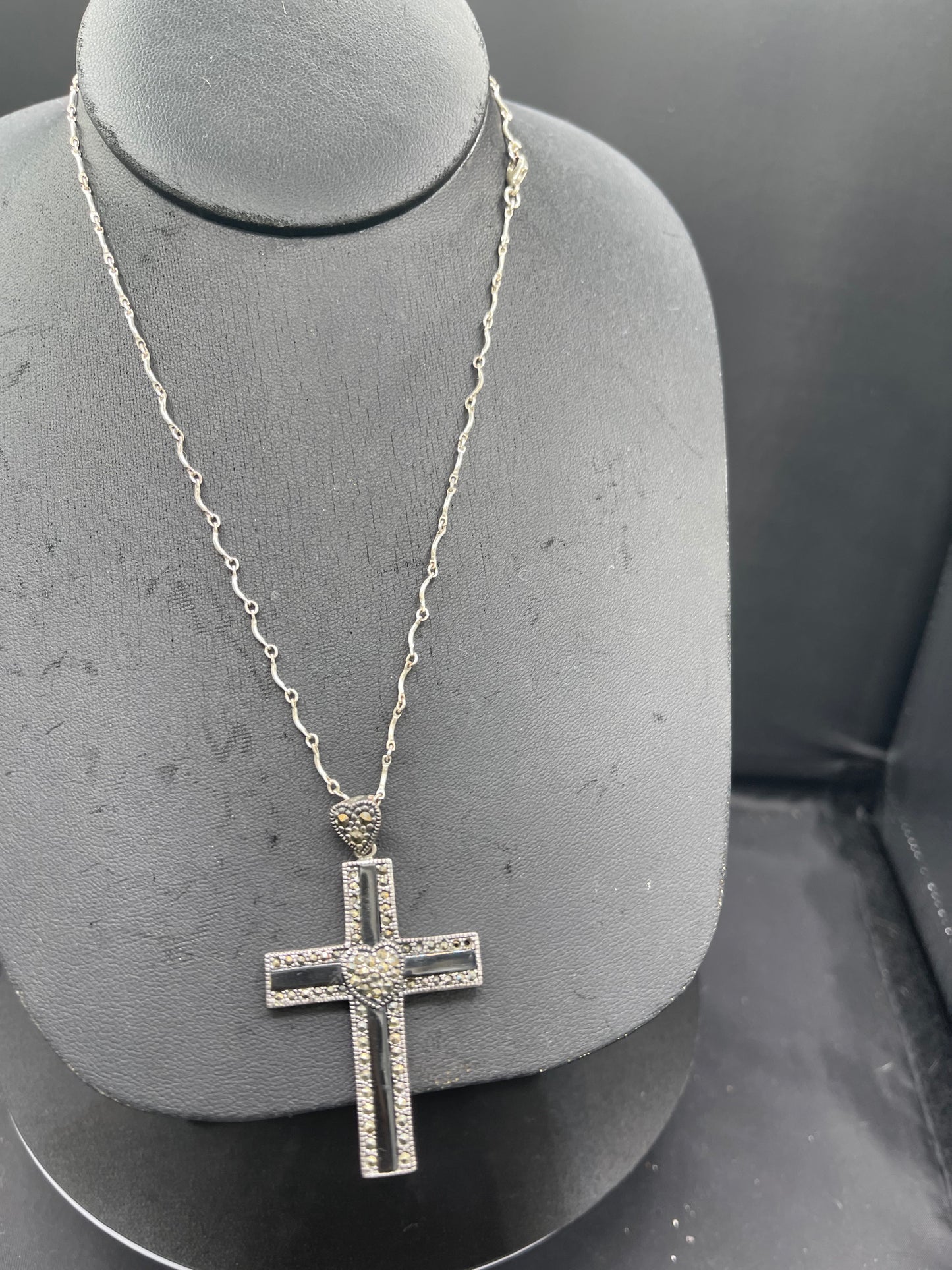 Natural Black Onyx & Marcasite Sterling Silver Cross Pendant And Necklace
