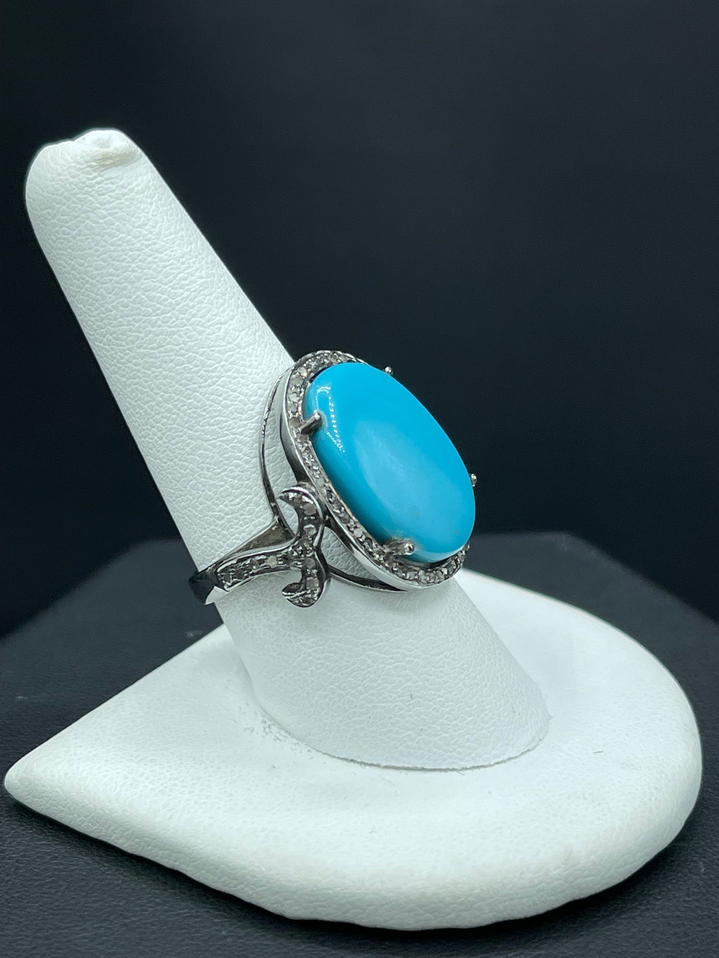 11.94 Turquoise & Diamond Sterling Silver Ring (Size 8.5)