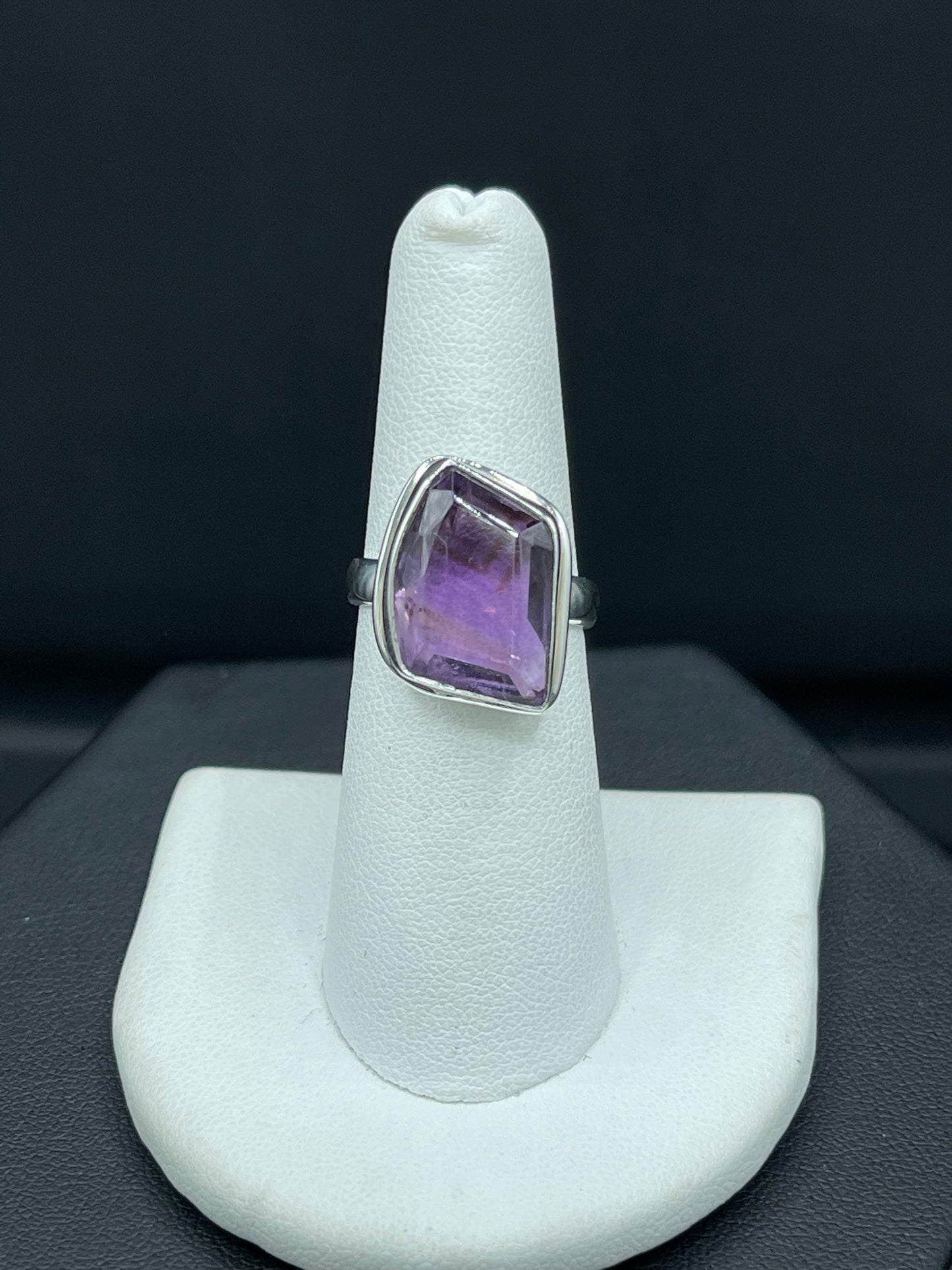 Natural Amethyst Fancy Cut Sterling Silver Ring (Size 7)