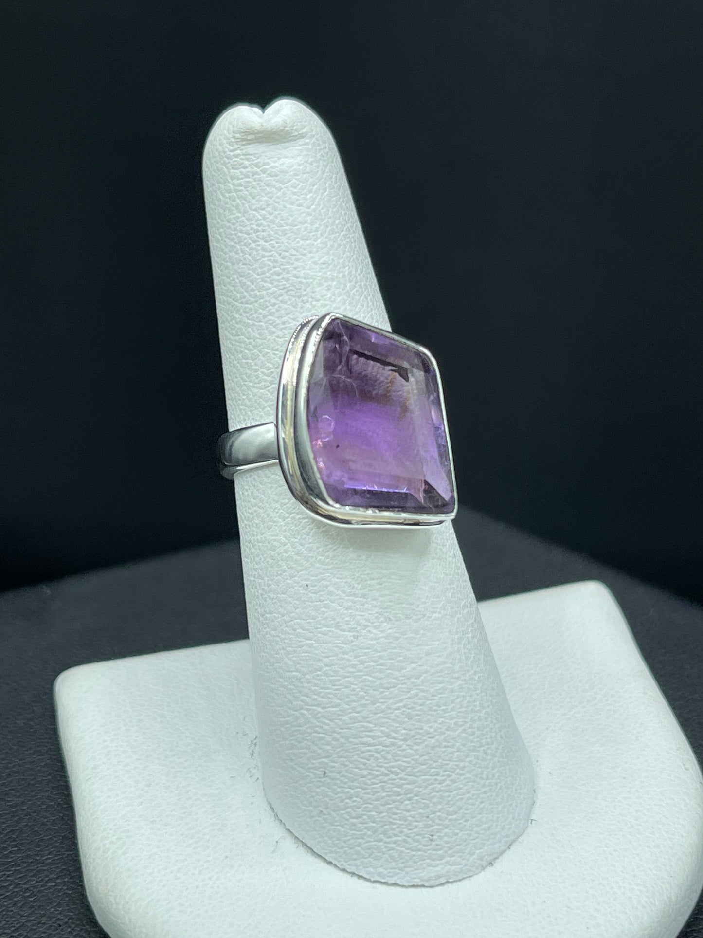 Natural Amethyst Fancy Cut Sterling Silver Ring (Size 7)