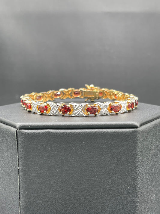 9.75 Carat Natural Garnet & Diamond Sterling Silver Vermeil Bracelet