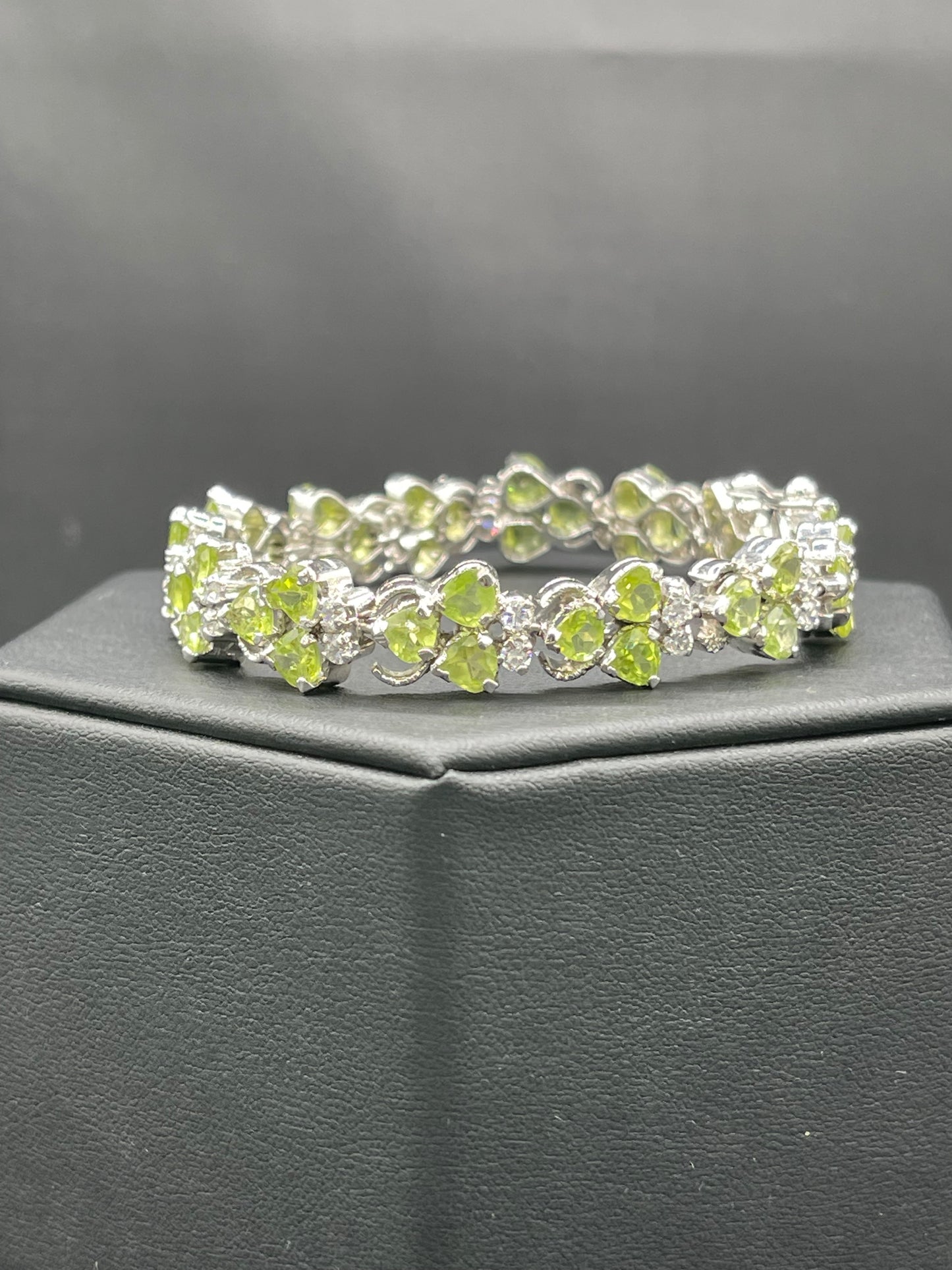 Natural Perdiot & Cubic Zirconia Heavy Sterling Silver Bracelet