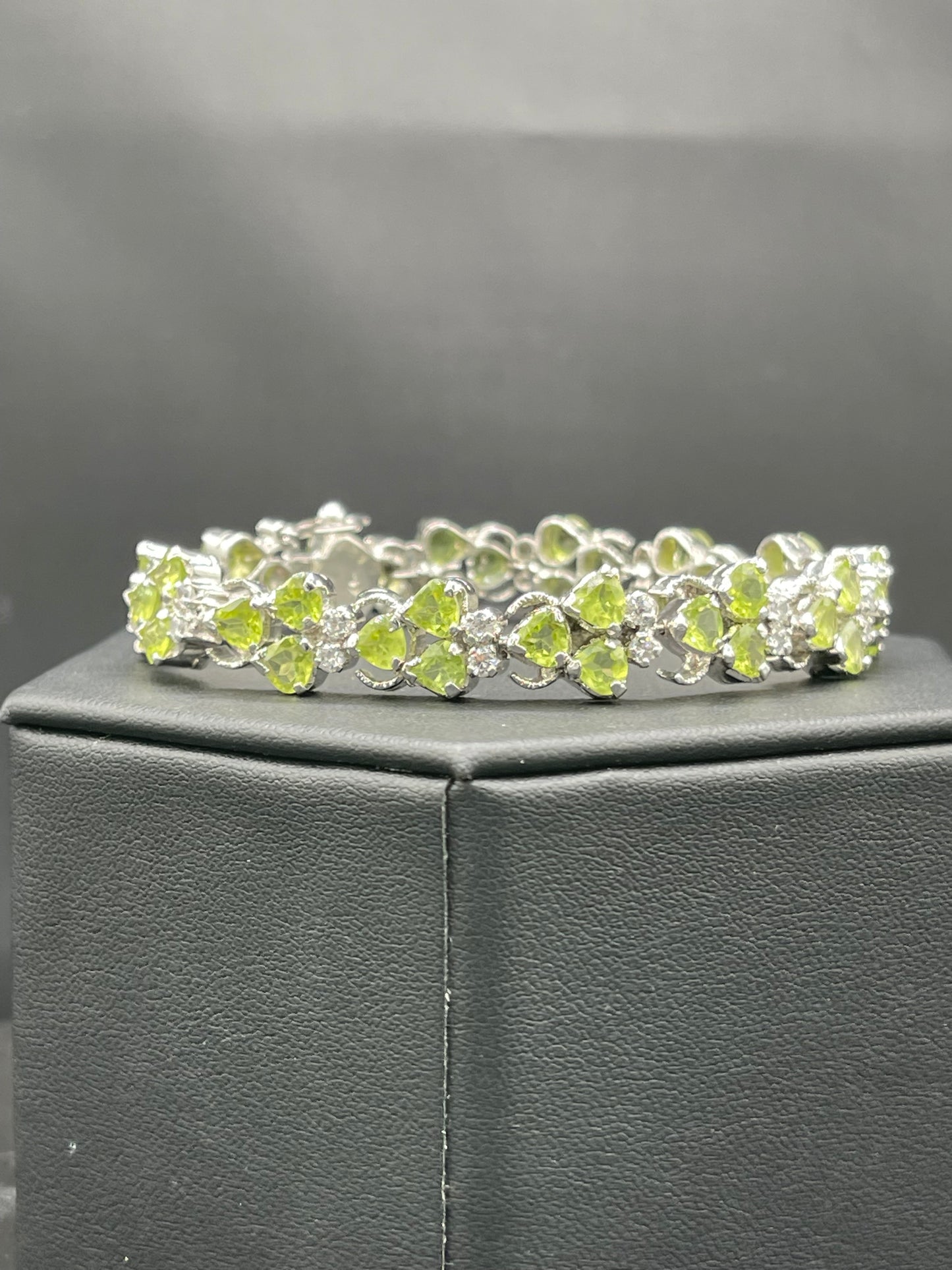Natural Perdiot & Cubic Zirconia Heavy Sterling Silver Bracelet