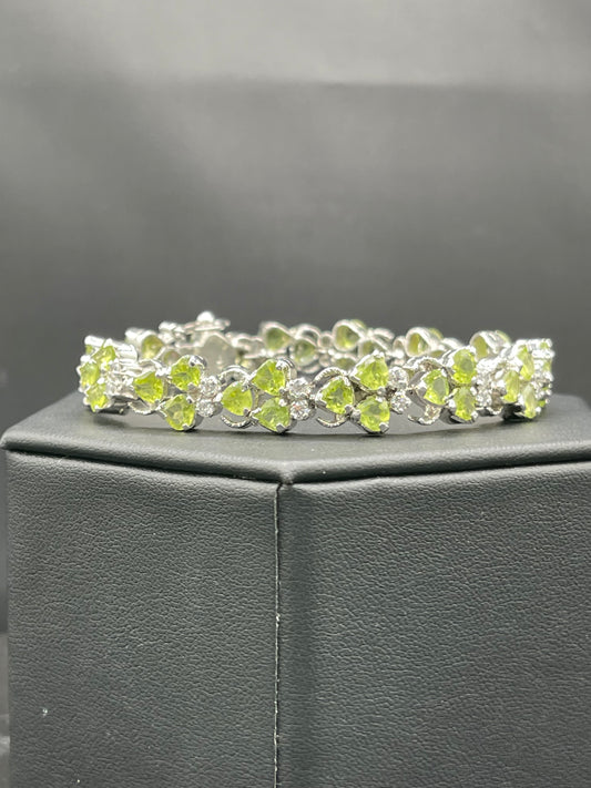 Natural Perdiot & Cubic Zirconia Heavy Sterling Silver Bracelet