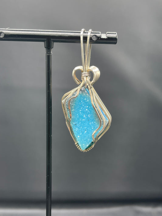 Paraiba Blue Druzy Quartz Sterling Silver Wire Wrapped Pendant