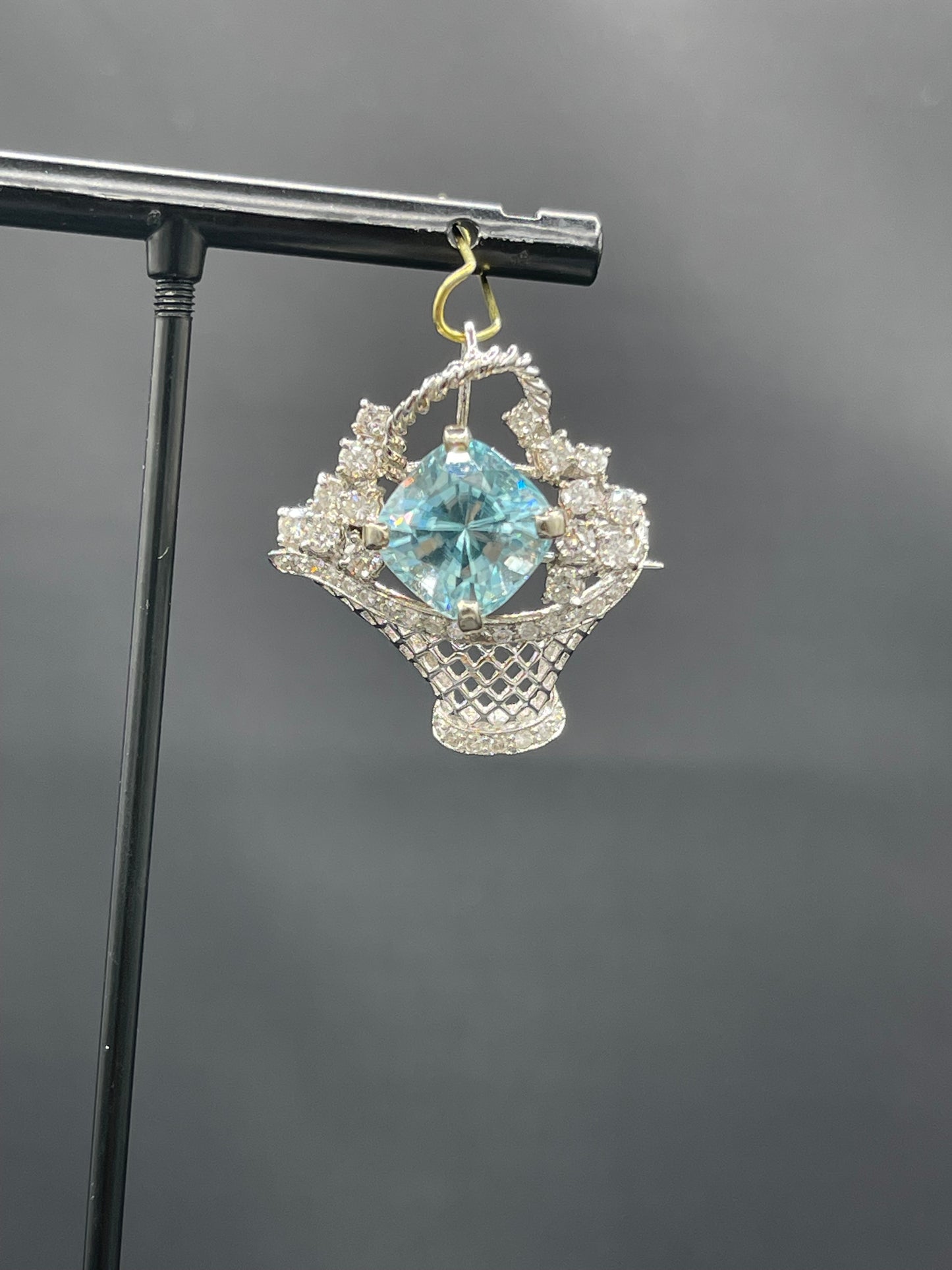 Natural Blue Zircon & Diamond 18k White Gold Brooch Pendant