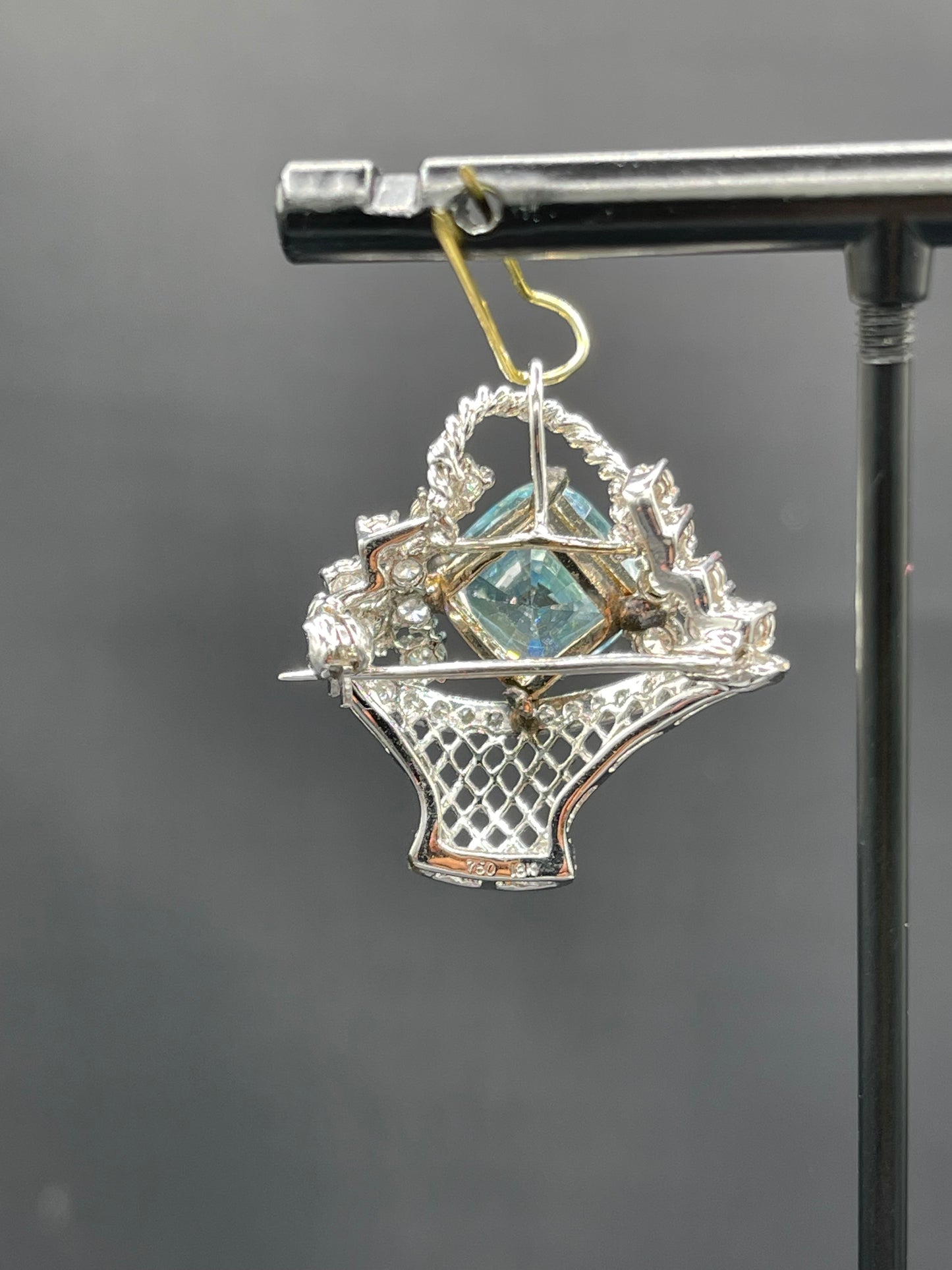 Natural Blue Zircon & Diamond 18k White Gold Brooch Pendant