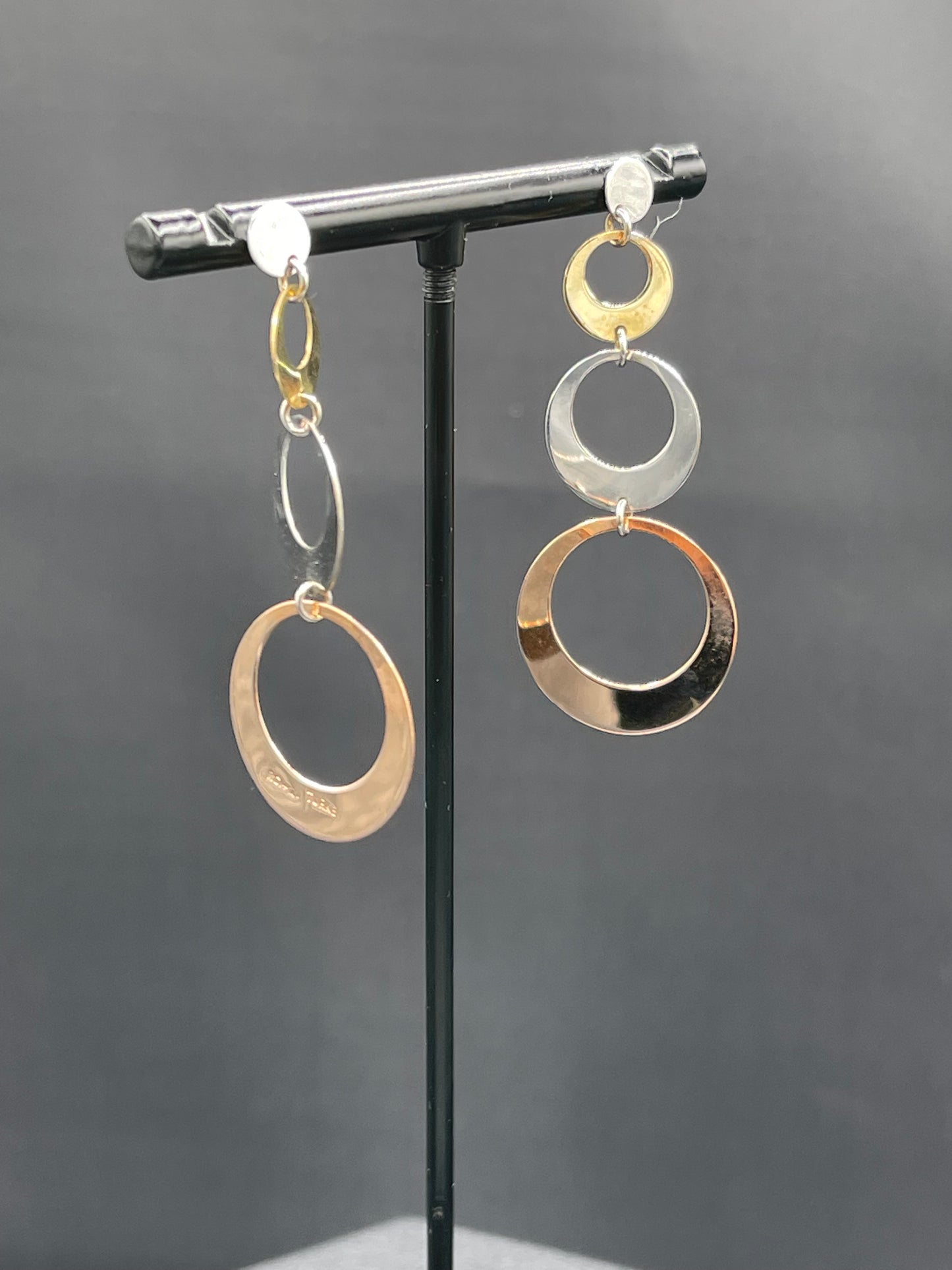 Solid 14k Three Tone Yellow + White + Rose Gold Dangle Earrings