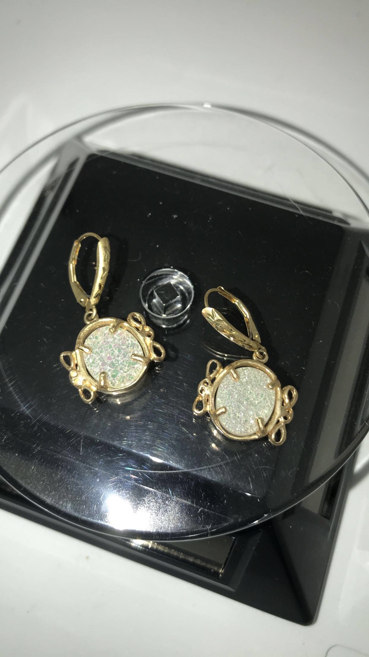 White Druzy Quartz 14k Yellow Gold French Lever Backs Earrings