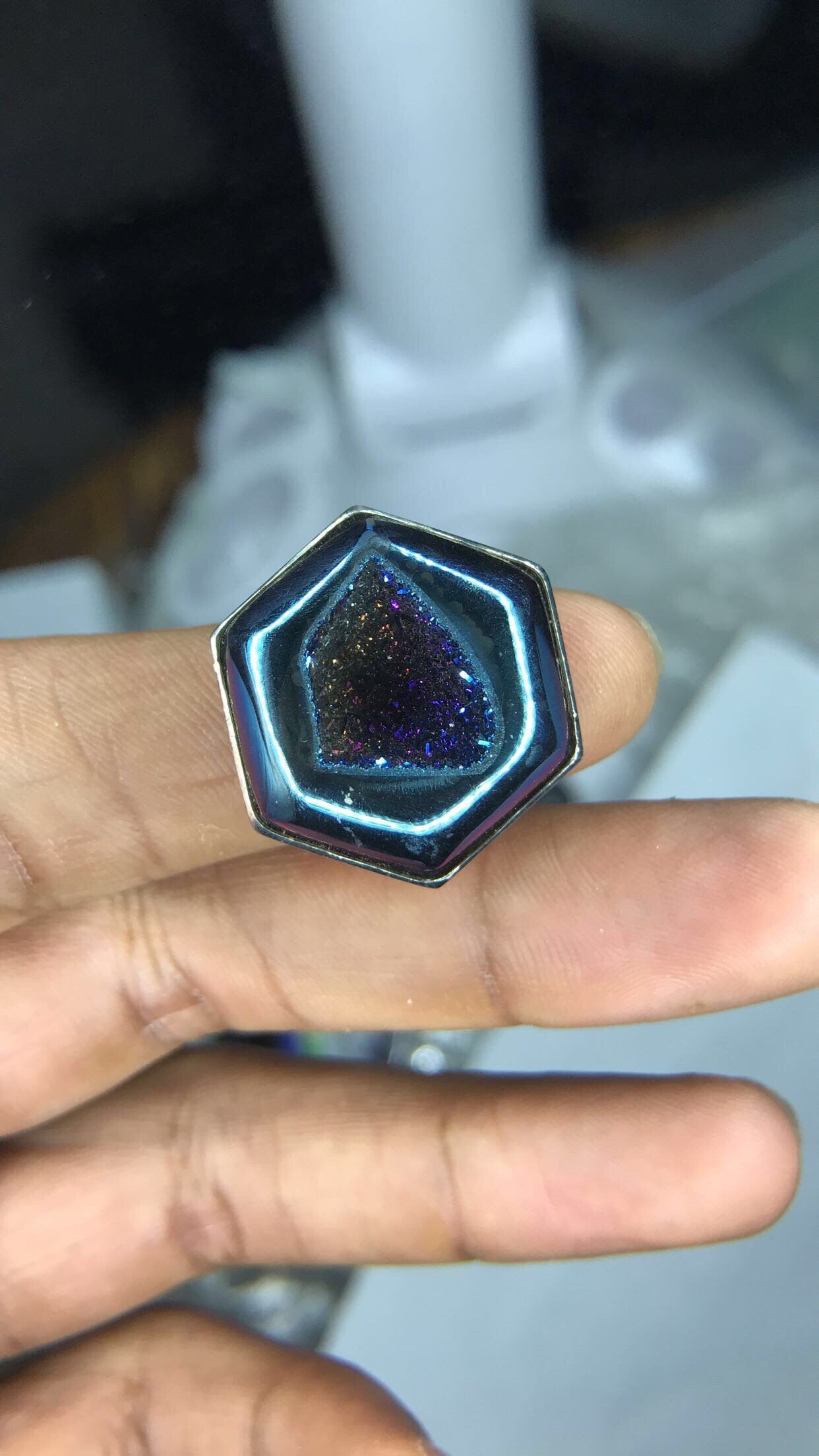 Steely Blue Druzy Quartz Sterling Silver Ring (Size 7.5)